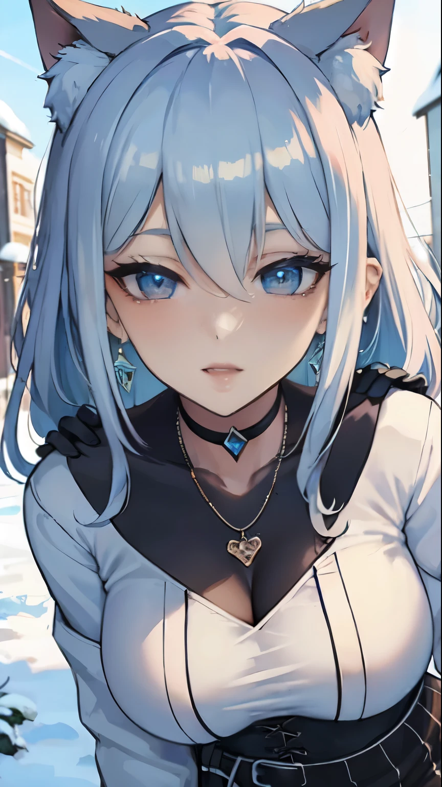 Masterpiece, beautiful art, professional artist, 8k, art style by sciamano240, very detailed face, very detailed hair, very detailed clothes, 1girl, perfectly drawn body, beautiful face, long hair, light blue hair , very detailed blue vertical cat eyes, square glasses, pouty lips , rosey cheeks, intricate details in eyes, extreme close up of face, see only head and neck, staring directly at viewer, wearing cute winter clothes, winter coat, necklace, choker, earrings, gloves, pencil skirt, black tigh boots, some freckles, big wide grin, in love with the viewer expression, sunny winter setting, walking outside,