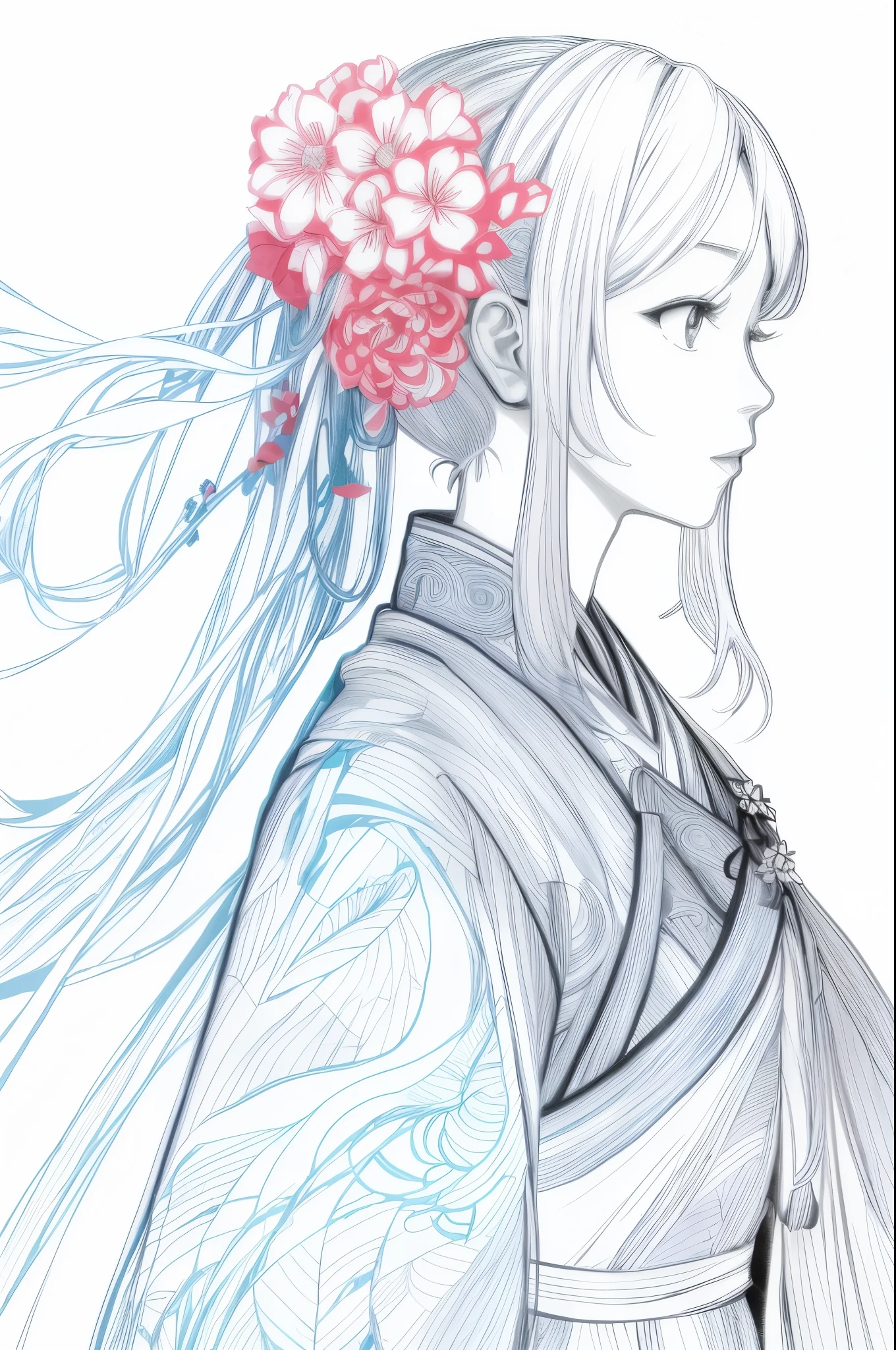 (Masterpiece in maximum 16K resolution:1.2),(best quality:1.0), (ultra highres:1.0). | beautiful line art, clean lineart, perfect lineart, lineart behance hd, extremely fine ink lineart, hyper detailed line art, exquisite line art, intricate lineart, detailed line art, lineart, bold lineart, detailed manga style, extremely detailed linework, line - art. | a drawing of a woman,Shining Black hair,(Colorful_Flower_Painted_Kimono:1.3) , (Colorful_Sakura_flower_hair_ornaments:1.3),Black eyes,White background.