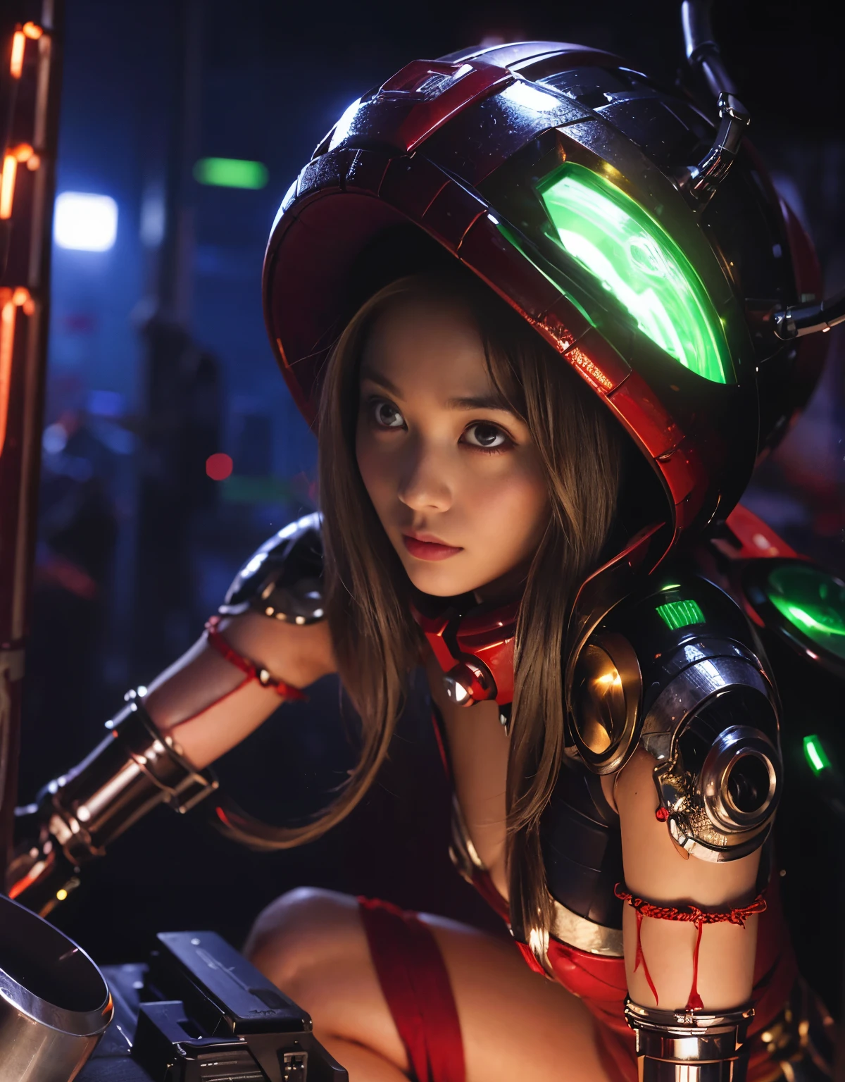 (Skimpy mechanical girl and alien background)、（Mystical expression）、top-quality、​masterpiece、超A high resolution、(Photorealsitic:1.4)、Raw photo、女の子1人、glowy skin、(((1 Mechanical Girl)))、（red metalボディスーツ）、(Natural alien background to fight aliens)、(Small LED)、((super realistic details))、vertical giant monster background),globalillumination、Shadow、octan render、8K、ultrasharp、机器人の背景、Colossal tits、Raw skin exposed in the cleavage、red metal、Details of complex ornaments、Japan details、highly intricate detail、Realistic light、(Mystical expression),CG Society Trenlow Eyes、Eyes shining towards the camera、Mechanical marginal blood vessels connected to neon detail tubes)、(Wires and cables connecting to the head)、Small LED、,Mechanical thighs、Toostock、（Hands are also made of machines）、机器人、future alien、Please wear a mechanical helmet、