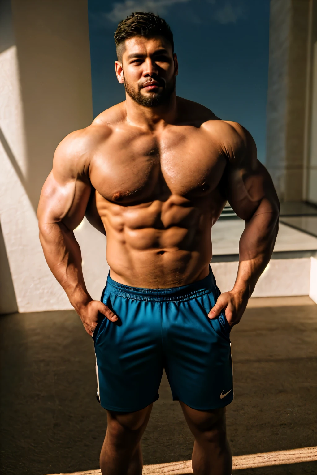 disconsolate,Ambient,artistic conception,large scene,Hands tied behind his back,Strong arm muscles,Handsome Asian stubble handsome,diffuse light,beefy pectorals,Shirtless, stubbles, Sideburns, strong muscle, Strong handsome guy,body builder,Junyi,Dignified atmosphere,Temperament,Short hair, Flat-headed beautiful man,The light is gentle,The scene comes to life
