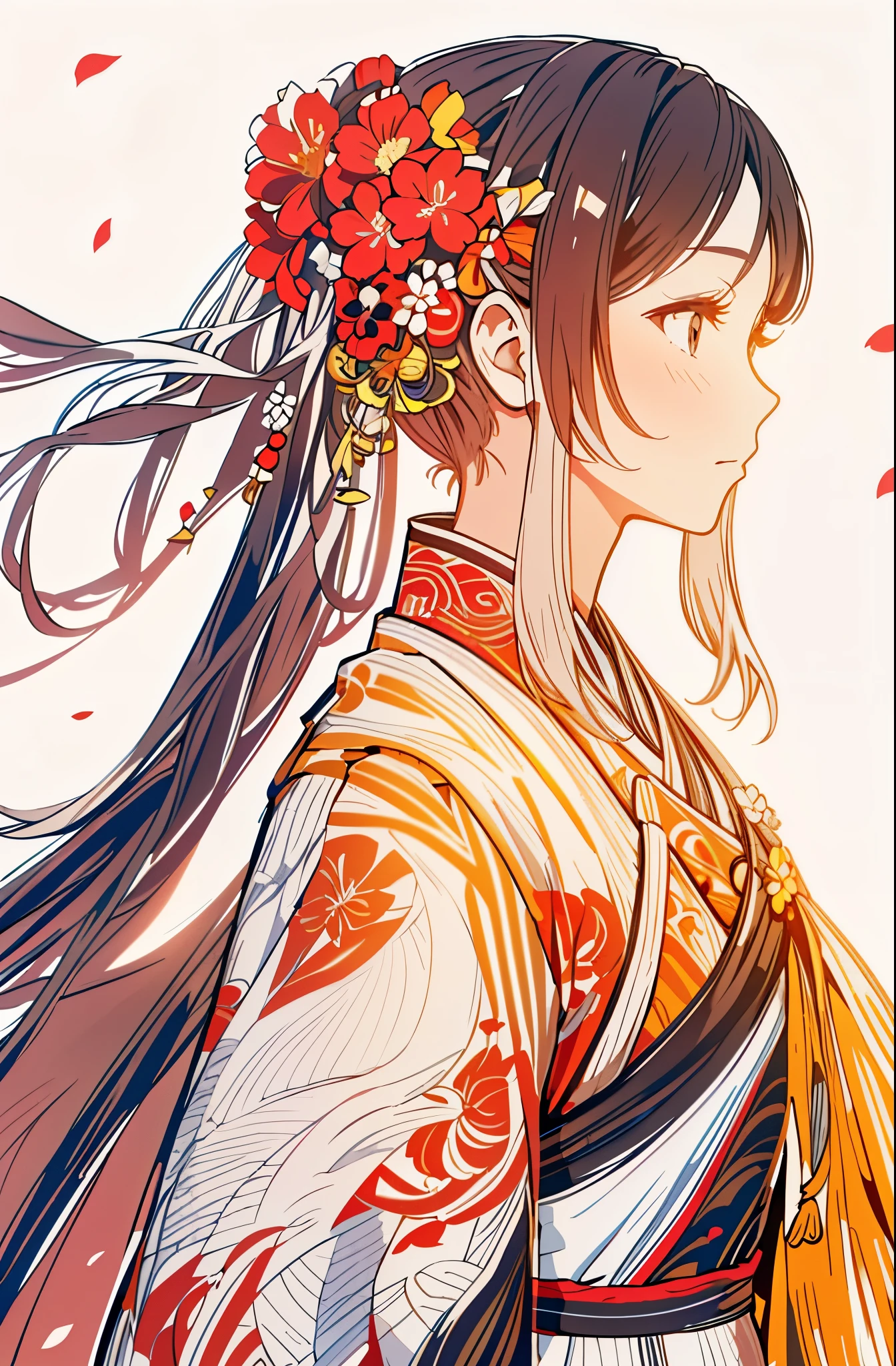 (Masterpiece in maximum 16K resolution:1.2),(best quality:1.0), (ultra highres:1.0). | beautiful line art, clean lineart, perfect lineart, lineart behance hd, extremely fine ink lineart, hyper detailed line art, exquisite line art, intricate lineart, detailed line art, lineart, bold lineart, detailed manga style, extremely detailed linework, line - art. | a drawing of a woman,Shining Black hair,(Colorful_Flower_Painted_Kimono:1.3) , (Colorful_Sakura_flower_hair_ornaments:1.3),Black eyes,White background.