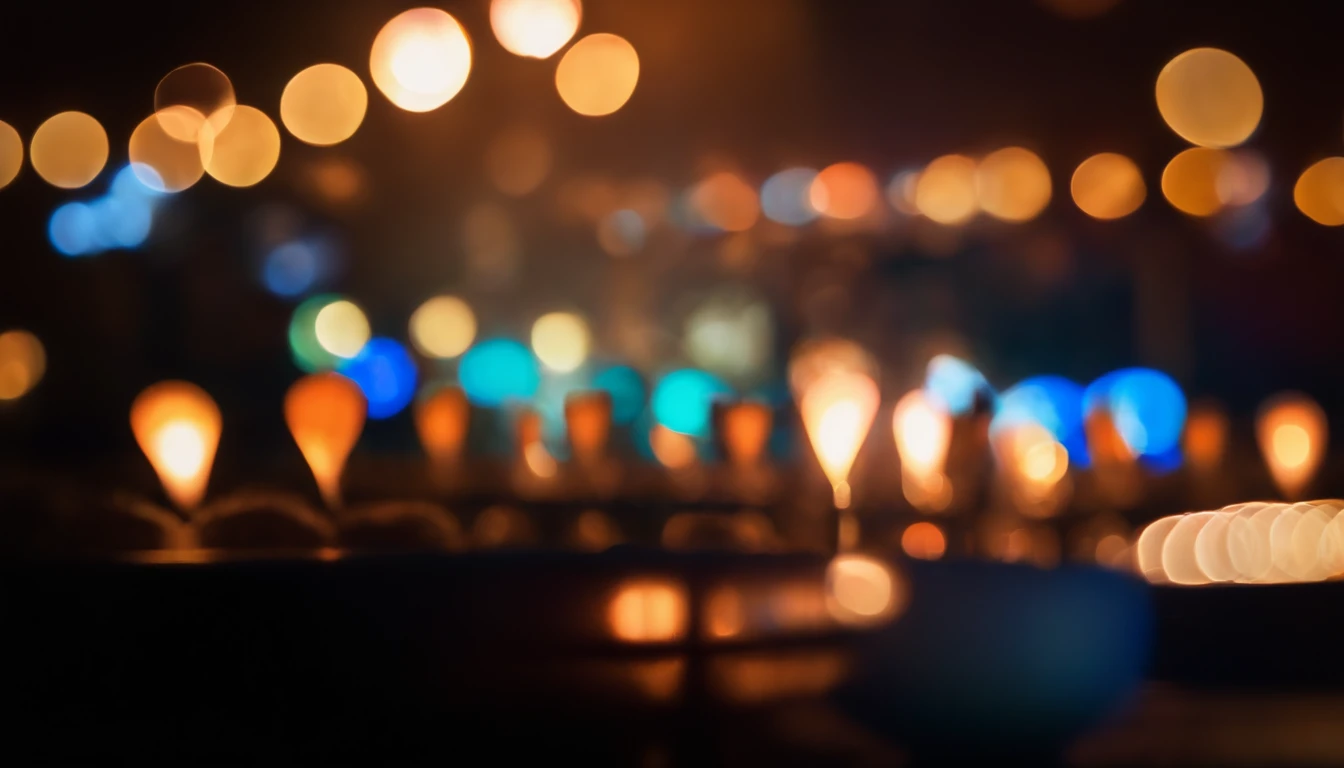 a detail shot of color bokeh against a dark background, experimenting with different light sources or filters to create unique and interesting bokeh patterns