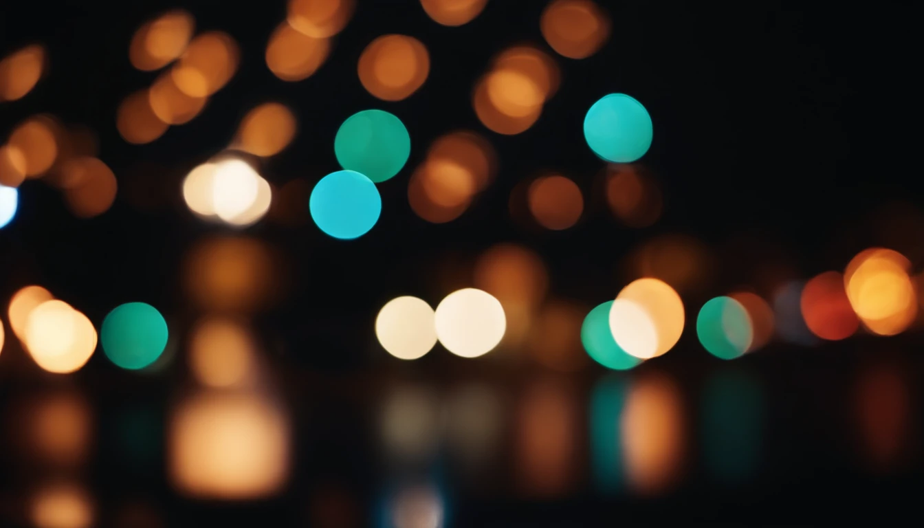 a close-up shot of color bokeh against a dark background, utilizing a wide aperture to create a shallow depth of field and isolate specific bokeh lights for added visual impact