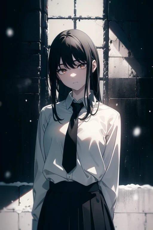 (Obra maestra, La mejor calidad, ultrahigh resolution), 1girl, standing, school uniform, white office shirt, black pleated skirt, (((black hair, dark black hair))), long hair cut, pale skin, ((brown eyes)), glowing_eyes, neon eyes, (ultra detailed eyes:0.7, beautiful and detailed face, detailed eyes:0.9), ((centered)), smile, ((wide shot)), facing viewer, eye level, ((vibrant background, snowy landscape, cityscape, snowing, snow)), flat chested, looking at viewer, ((half closed eyes)), ((perfect hands)), (((head:1, arms, hips, elbows, in view))), ((hands behind back)), empty eyes, beautiful lighting, outside, outdoors, background, defined subject, 25 years old, (head tilt)