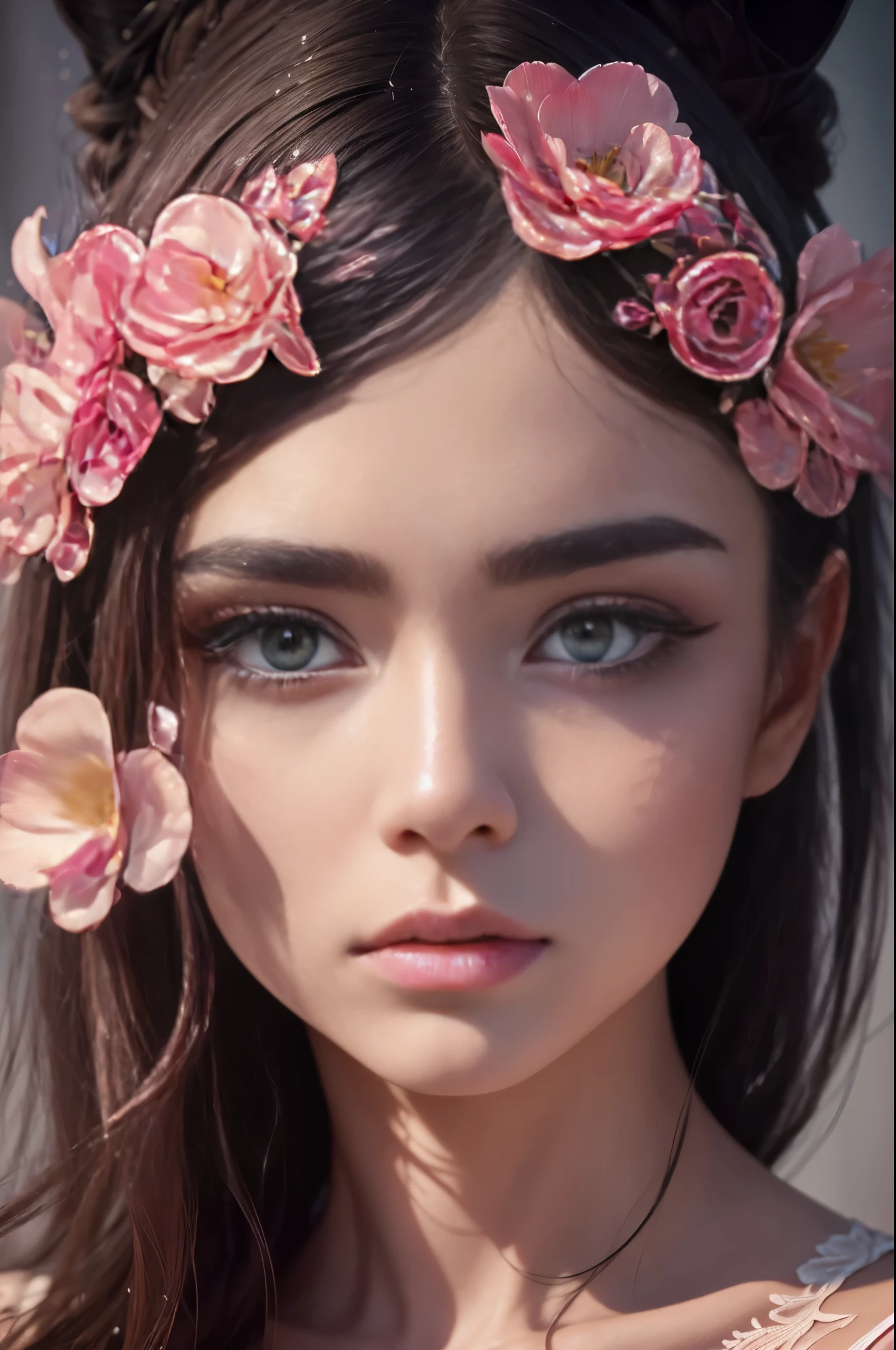 A Beautiful girl, wet big eyes, very long eyelashes, cat-like narrow highly detailed arrows, expressive eyes, expressive and pupils, glare and sparkle in the eyes, filigree symmetrical floral patterns-tattoos on the face, transformation, macro photography, haute couture, tenderness, noir, filigree details, metamorphoses of flowers, hyper-realistic, high quality, hyper-detailed, professional photo, red white pink tones, filigree, beautiful, body art of flowers, transparency photo, professional movie, professional picture, ultra detailed, ultra realistic, cinematic, sharp focus, bright light
