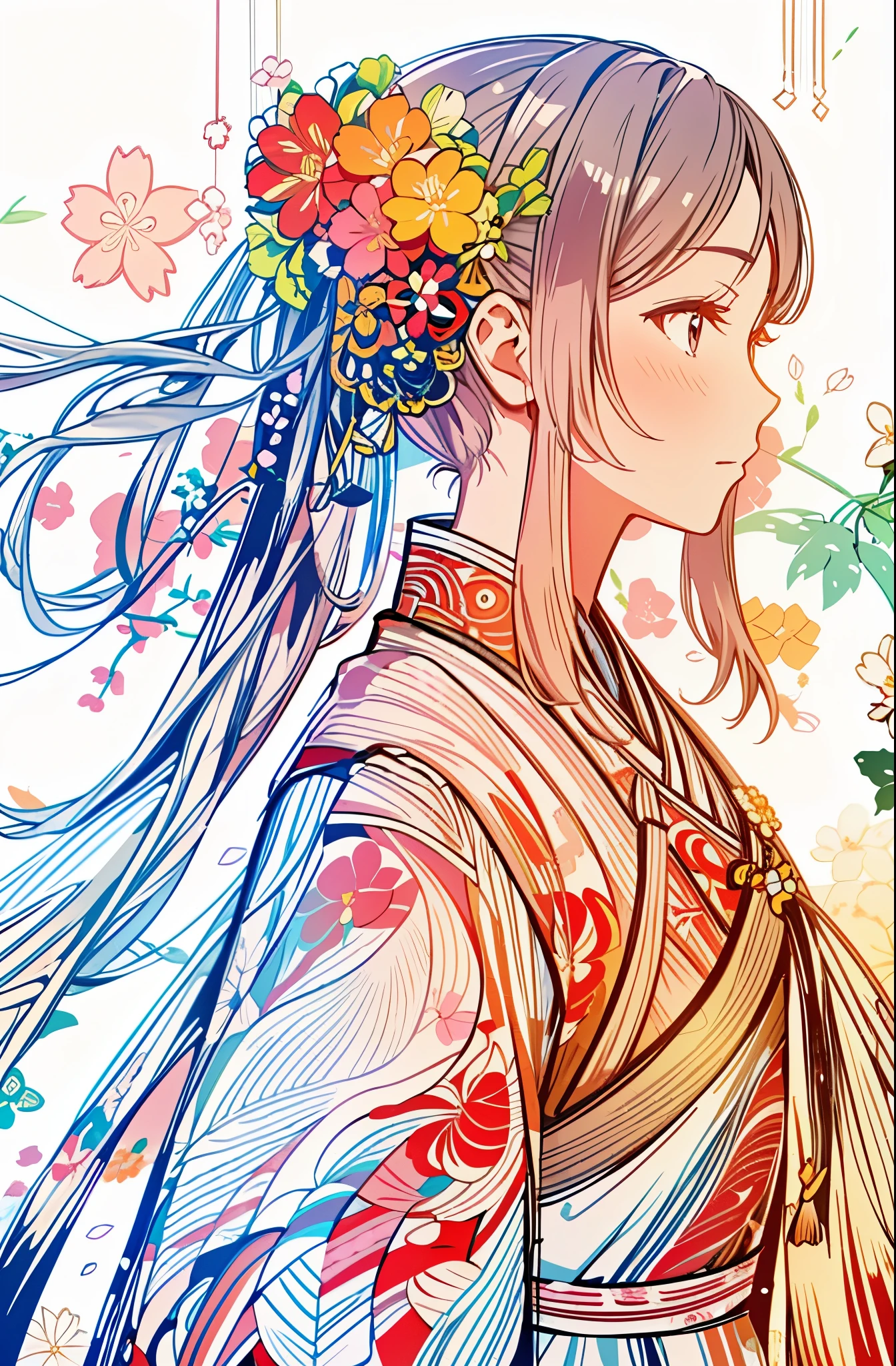(Masterpiece in maximum 16K resolution:1.2),(best quality:1.0), (ultra highres:1.0). | beautiful line art, clean lineart, perfect lineart, lineart behance hd, extremely fine ink lineart, hyper detailed line art, exquisite line art, intricate lineart, detailed line art, lineart, bold lineart, detailed manga style, extremely detailed linework, line - art. | a drawing of a woman,Shining Black hair,(Colorful_Flower_Painted_Kimono:1.3) , (Colorful_Sakura_flower_hair_ornaments:1.3),Black eyes,White background.