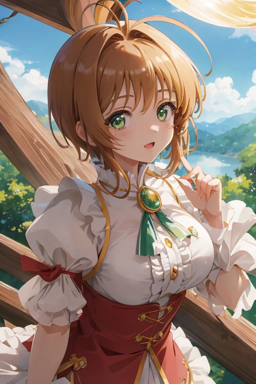 master piece, Best Quality, A high resolution, top-quality, Anime style, The best lighting, Beautiful face, kinomoto sakura, 1woman, tall, 30 years old, large breasts, light brown hair, Short hair, Antenna Hair, Green eyes, frills,  witch outfit, dynamic angle, close up