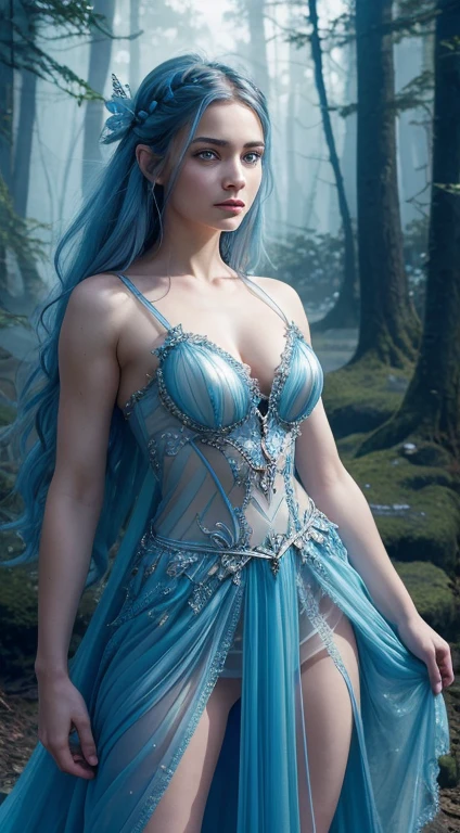 A young fairy warrior, with detailed features beautiful blue eyes and a perfect face wearing a transparent dress, standing. The artwork must be of the highest quality, a masterpiece with ultra-detailed, realistic and photorealistic representation. The color tone of the image should be vibrant and the lighting should highlight the elegance of the fairy in the mysterious forest.