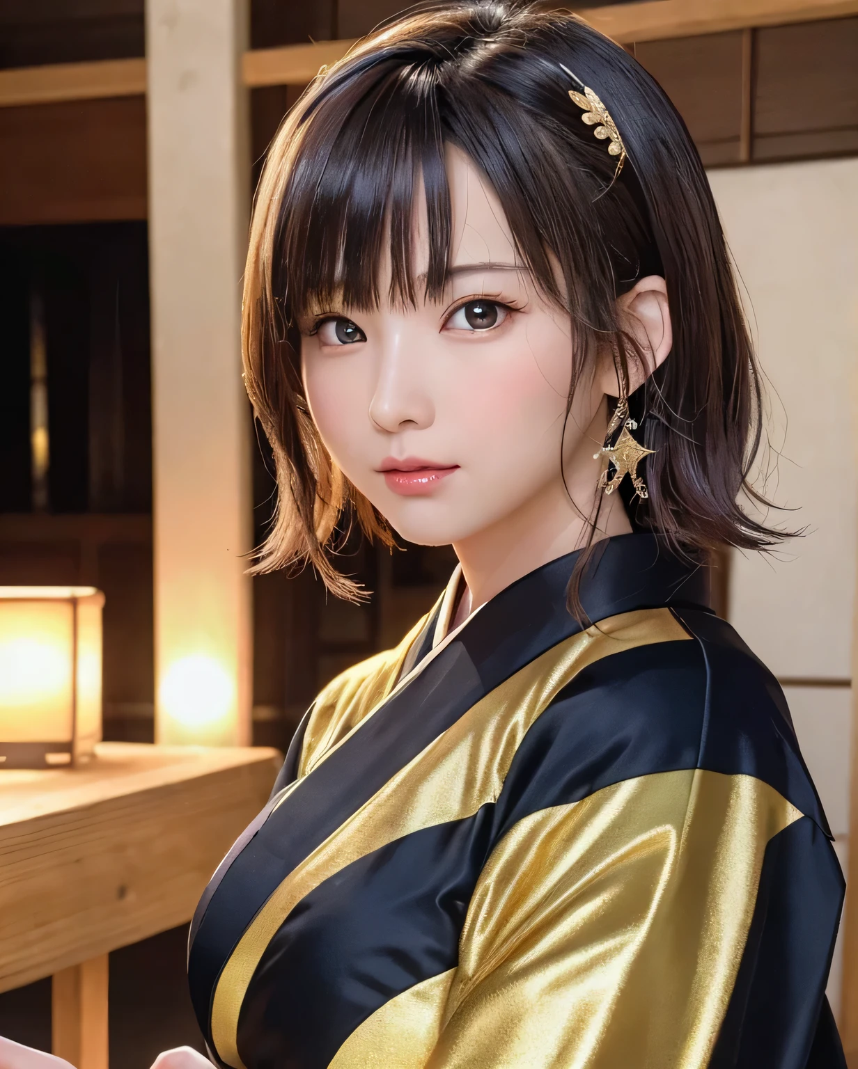 (Beautiful models in Japan kimono commercials, Beautiful straight long hair), Solo, ((face 80% beauty and elegance, 20% pretty and cute:1.5)), Clear eyes, (Detailed eyes, Light green eyes, Bright pupils), Double eyelids, (sexy lips with a little thickness:1.2), ((Ultra-detailed and incredibly high-resolution kimono:1.2)), Highly Detailed face Textures, striking body shape, curvy and very attractive woman, high-resolution RAW color photo pro photo, BREAK Ultra High Resolution Textures, High-res body rendering, Big eyes, unparalleled masterpiece ever, incredible high resolution, super detailed, stunning ceramic skin, BREAK ((Turn around to show the pattern of the kimono:1.2)), ((Wearing a Rimpa kimono with plenty of glittering gold:1.5)), ((Gold as the main color、This is a kimono with very luxurious embroidery......:1.2)), (Half color and band dark blue) ,(Elaborately crafted Japan classic kimono), ((Embroidered pattern is peacock., Flowing water pattern, and colorful flowers):1.2), ((Exquisitely and elegantly decorated kimono)), (Commemorative photo in front of the Rimpa Kinkon Feng Shui folding screen REAK ((Best Quality, 8K)), Crisp focus:1.2, (layers-Cut, Big:1.2), (Beautiful woman with perfect figure:1.4), (Beautifully shaped breasts:1.3), Slender waist, (Correct hand shape:1.5), (Full body shot | Cowboy Shot)、Back view