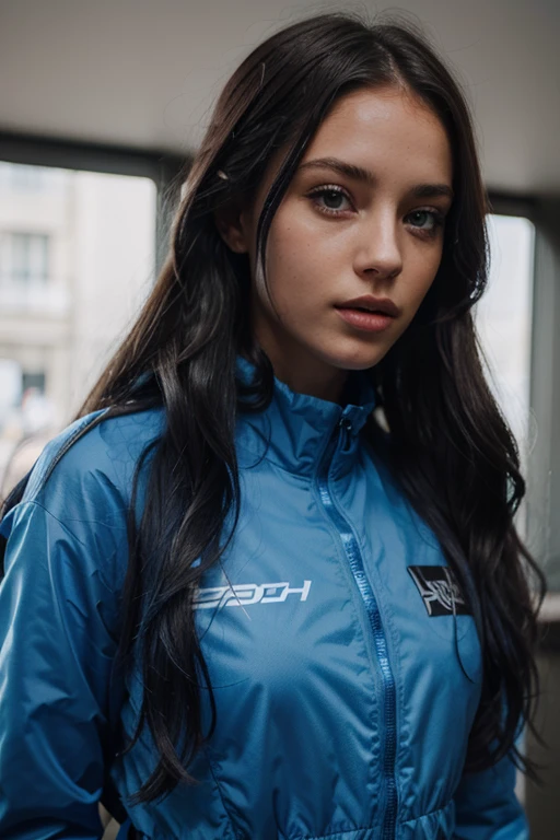 beautiful girl with French features, long wavy blue hair, blue eyes, full mouth, dressed in techwear