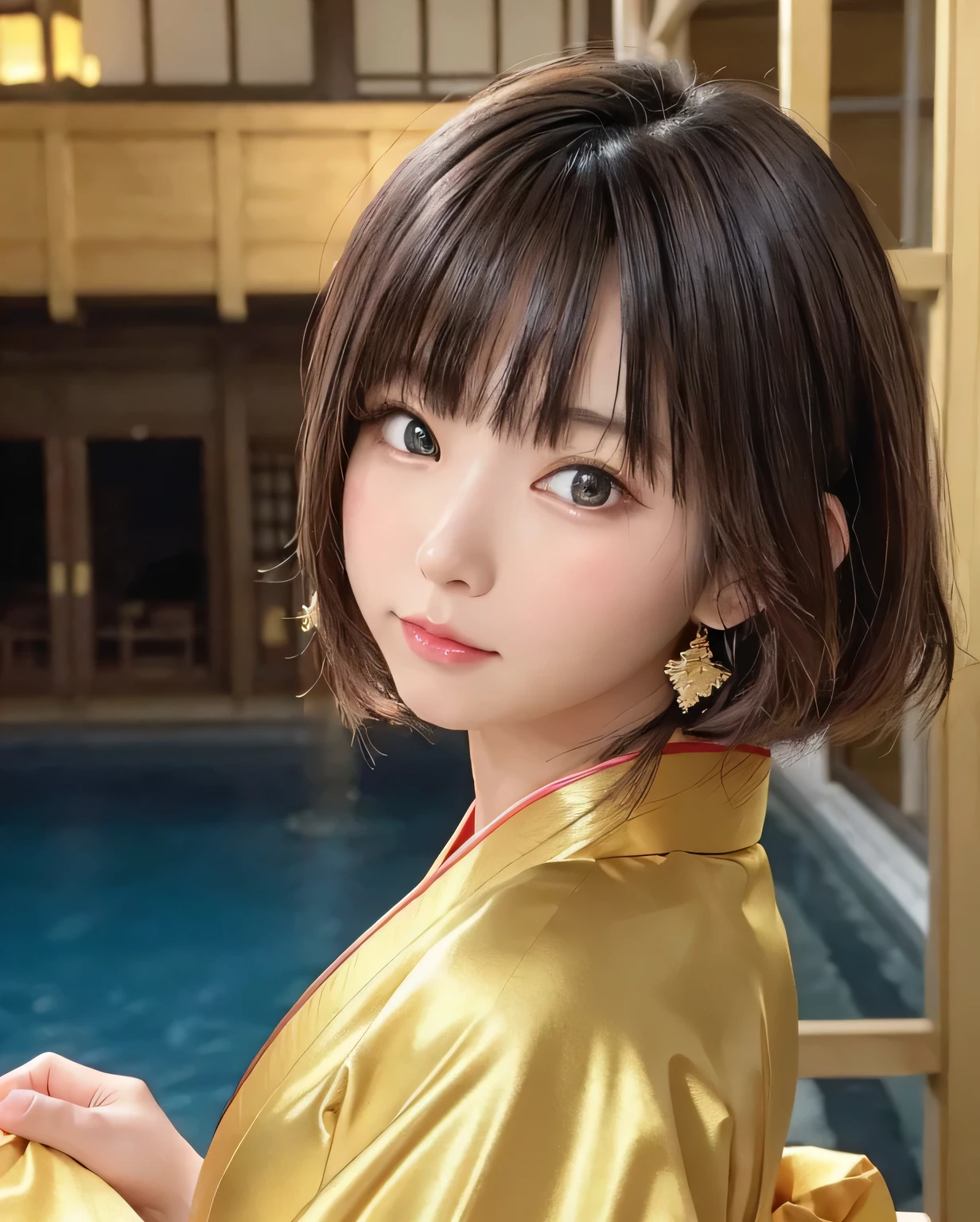 (Beautiful models in Japan kimono commercials, Beautiful straight long hair), Solo, ((face 80% beauty and elegance, 20% pretty and cute:1.5)), Clear eyes, (Detailed eyes, Light green eyes, Bright pupils), Double eyelids, (sexy lips with a little thickness:1.2), ((Ultra-detailed and incredibly high-resolution kimono:1.2)), Highly Detailed face Textures, striking body shape, curvy and very attractive woman, high-resolution RAW color photo pro photo, BREAK Ultra High Resolution Textures, High-res body rendering, Big eyes, unparalleled masterpiece ever, incredible high resolution, super detailed, stunning ceramic skin, BREAK ((Turn around to show the pattern of the kimono:1.2)), ((Wearing a Rimpa kimono with plenty of glittering gold:1.5)), ((Gold as the main color、This is a kimono with very luxurious embroidery......:1.2)), (Half color and band dark blue) ,(Elaborately crafted Japan classic kimono), ((Embroidered pattern is peacock., Flowing water pattern, and colorful flowers):1.2), ((Exquisitely and elegantly decorated kimono)), (Commemorative photo in front of the Rimpa Kinkon Feng Shui folding screen REAK ((Best Quality, 8K)), Crisp focus:1.2, (layers-Cut, Big:1.2), (Beautiful woman with perfect figure:1.4), (Beautifully shaped breasts:1.3), Slender waist, (Correct hand shape:1.5), (Full body shot | Cowboy Shot)、Back view