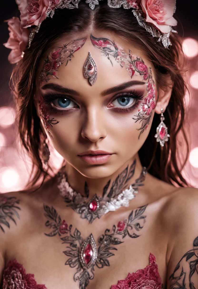 A Beautiful girl, wet big eyes, very long eyelashes, cat-like narrow highly detailed arrows, expressive eyes, expressive and pupils, glare and sparkle in the eyes, filigree symmetrical floral patterns-tattoos on the face, transformation, macro photography, haute couture, tenderness, noir, filigree details, metamorphoses of flowers, hyper-realistic, high quality, hyper-detailed, professional photo, red white pink tones, filigree, beautiful, body art of flowers, transparency photo, professional movie, professional picture, ultra detailed, ultra realistic, cinematic, sharp focus, bright light