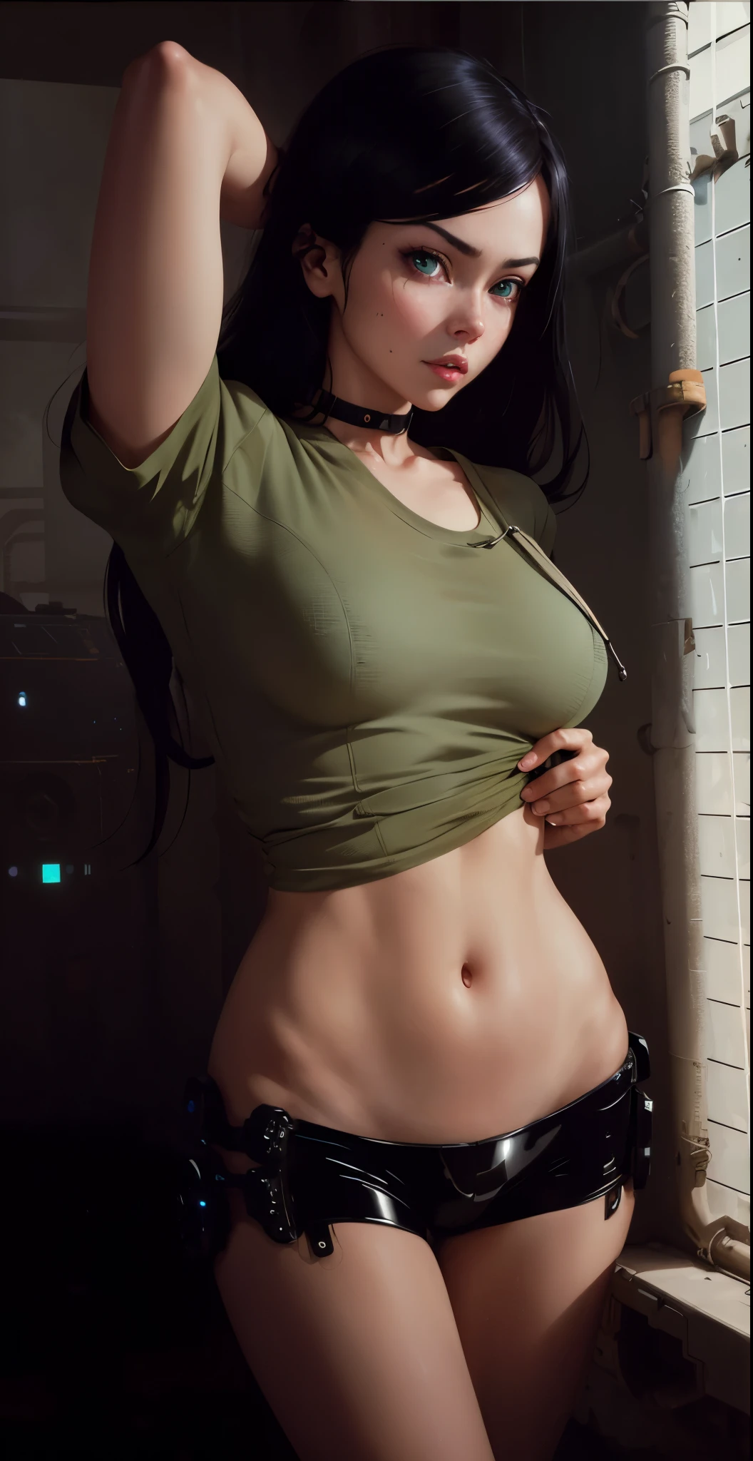 1girl, (Cyborg), (bionic), futuristic, (mechanical parts), ((mechanical cybernetic arms)), ((mechanical cybernetic legs)), android, perfect face, cyborg, cable, glowing, mechanical parts, cyberpunk, long black hair, c cup breasts, (perfect anime eyes), (anime eyes), green anime eyes, green eyes, looking at viewer, outside at an abandoned nuclear power plant, at night, very dark night, dark night sky with stars