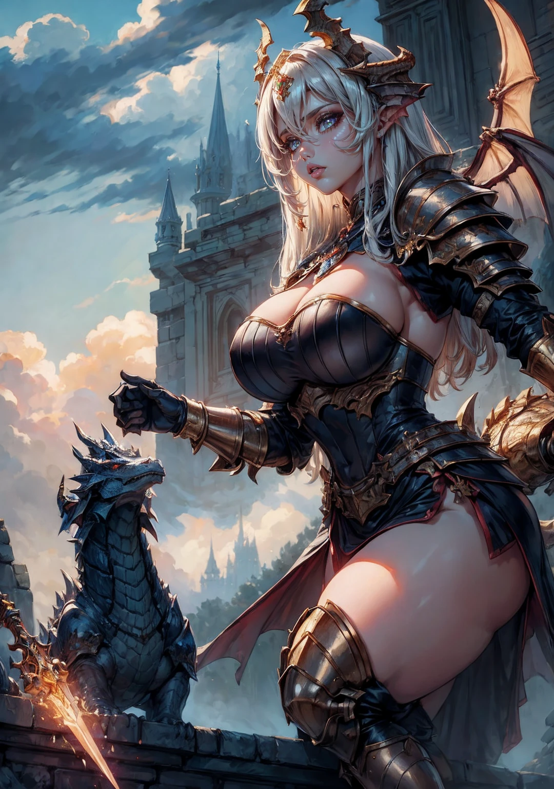 best quality,ultra-detailed,realistic,
portrait,medieval fantasy,heroic,
detailed armor,dragon-scaled armor,elaborate helmet,
fiery dragon companion,breathing fire,ferocious,
majestic castle in the background,towering spires,
dramatic lighting,soft golden hues,
mysterious fog,adding depth to the scene,
intense gaze,expressive eyes,
graceful stance,powerful yet elegant,
epic battle in the distance,tense atmosphere,
crumbling ruins,remnants of past conquests,
shimmering sword,emblazoned with ancient symbols,
commanding presence,captivating aura,
magical abilities,controlling elements with mastery.