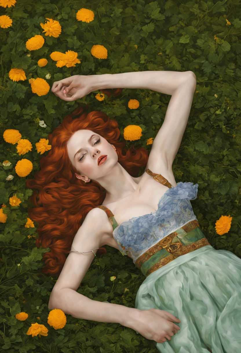 Lying on the lawn of a garden with flowers of the best quality, 8K, 32 Tsd., Meisterwerk, UHD: 1.5), Foto einer attraktiven deutschen Frau, 女の子1人, (Gigantic Boobs: 1.2), (langes Haar), Lorbeerblatt, Keine Kleidung, Abs, Perfect Body, Ultradetailliertes Gesicht, Detaillierte Lippen, Thin eyes, Doppeltes Augenlid, (verlockend), ((Aufgeregt: 1.5)), Medieval aesthetics, scharfer Fokus, Komplizierte Details, sehr detailliert, depth of fields, scharfer Fokus, Hohe Detailgenauigkeit, Impressionismus, Detailed Oil painting, Verglasung, Tenebrismus, schlurfen, Oil painting, Barocker Stil, von Rembrandt, Von Artemisia Gentileschi ,Gentle and beautiful girl, Zart und sexy , charmantes ovales Gesicht, rosarote Lippen, kleine Nase, red shiny hair , zusammen Gestecktes haar , 18 Jahre alt , Mehr Brust , Schmeichelnd , Nackte , Emerald Green Eyes , frontal Ansicht , Ultra-HD , Nature beauty,