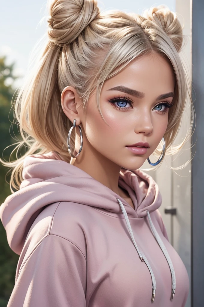Photorealistic,Photo of a girl, blonde double buns hair style, light bold eyeshadows, huge silver hoop earrings, outdoor, deeply tanned, pale pink lips, full make up, hoodie