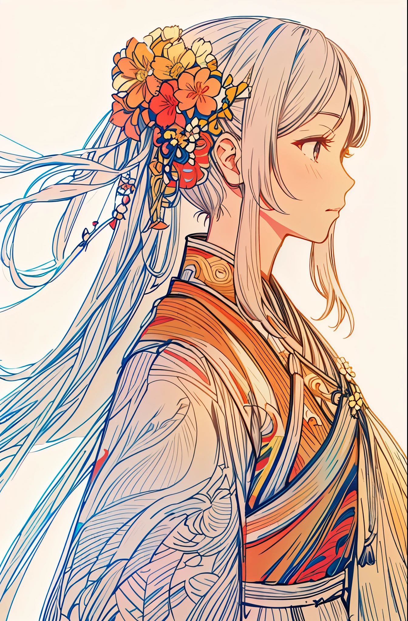 (Masterpiece in maximum 16K resolution:1.2),(best quality:1.0), (ultra highres:1.0). | beautiful line art, clean lineart, perfect lineart, lineart behance hd, extremely fine ink lineart, hyper detailed line art, exquisite line art, intricate lineart, detailed line art, lineart, bold lineart, detailed manga style, extremely detailed linework, line - art. | a drawing of a woman,Shining Black hair,(Colorful_Flower_Painted_Kimono:1.3) , (Colorful_Sakura_flower_hair_ornaments:1.3),Black eyes,White background.