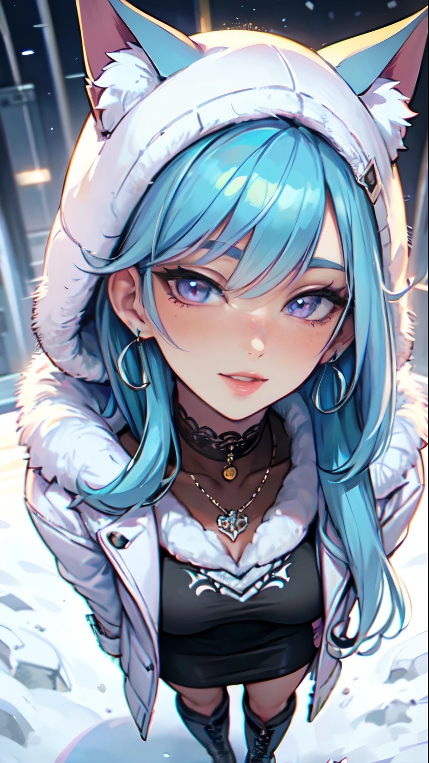 Masterpiece, high res, beautiful art, professional artist, 8k, art style by sciamano240, very detailed face, very detailed hair, very detailed clothes, 1girl, perfectly drawn body, beautiful face, long hair, light blue hair , very detailed blue vertical cat eyes, square glasses, pouty lips , rosey cheeks, intricate details in eyes, extreme close up of face, see only head and neck, staring directly at viewer, wearing cute winter clothes, winter coat, scarf, sweater, necklace, choker, earrings, gloves, pencil skirt, black tigh boots, some freckles, big wide grin, in love with the viewer expression, morning winter setting, pov standing outside with viewer,