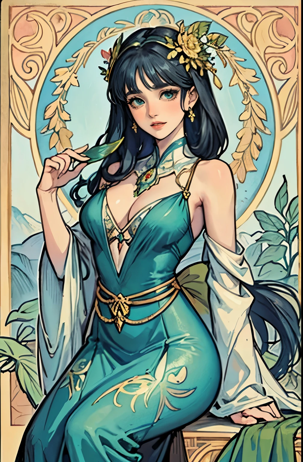 ((masterpiece)), (best quality), (cinematic), watercolor art, A mature sexy woman with large breasts, big eyes, long thick eyelashes, pale skin, full lips, green eyes, long thick fair hair, is dressed sexy in a dark blue and gold dress. A small blue bird with long tail feathers sits on the shoulder of the woman. A bare tree branch extends from behind the figure, its leaves appearing to be falling or wilting. The entire scene is adorned by a beautifully decorated oval frame, featuring intricate designs and patterns in the style of Alphonse Mucha. watercolor painting