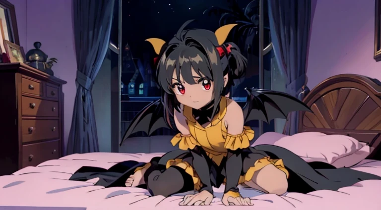 (laying in bed), <lora:Utena Hiiragi  anylora13r15r30r:0.8> Utena Hiiragi, 1girl, horns, purple hair, short hair, star (symbol), yellow eyes, hair between eyes, antenna hair, bangs, symbol-shaped pupils, star-shaped pupils , costume, small breasts, star pasties, wings, pasties, navel, corset, demon wings, bat wings, lowleg pants, elbow gloves,