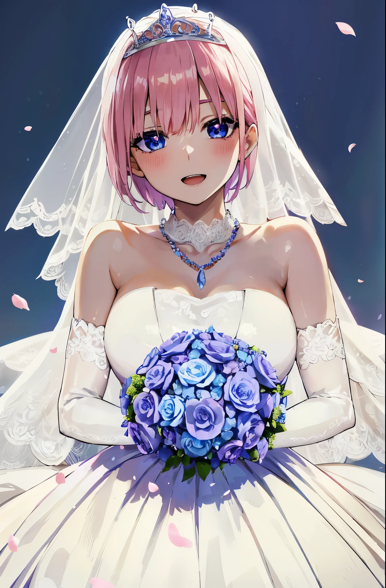ichikanakano, ichika nakano, Short hair, Bangs, Blue eyes, hair between eye, Pink hair, (Pure White Prom Dresses:1.3), (gorgeous wedding necklace:1.3), (wedding veil with tiara:1.3), (Lace Long Gloves:1.3), (Having a bouquet:1.3), (off shoulders:1.2), Best Quality, hight resolution, Unity 8k壁纸, (Beautiful detailed eyes:1.4), extra detailed face, Perfect Lighting, (Perfect hands, Perfect Anatomy), upper bod, (Wedding Venue Background:1.2), The best smile, open open mouth, Blushing