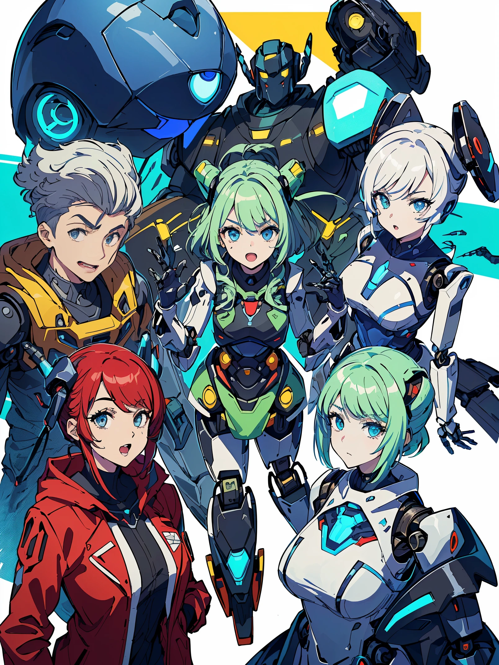 ((corpo inteiro):1.5), (({1/20 anos}):2). somente {1/20 anos woman}:((em roupas pretas futuristas, with mechanical parts in blue):1.3). somente {1/20 anos old}: ((tem seios extremamente grandes):1.5). somente {1/20 anos old}:((Tem olhos azuis claros, cabelo verde escuro muito curto):1.3), is looking at the viewer with ((rosto de desespero e veias aparecendo na testa):1.osando com um rifle futurista):1.5). in a lab ((full of malevolent robots made of pure metal): 1.6), all the robots are just chasing {1/20 anos}) who is standing. anime, estilo anime, 16k, high resolution, ((best quality, Detalhes altos: 1.5)), UHD, ((master part)), Cartoon, real, Fantexi
