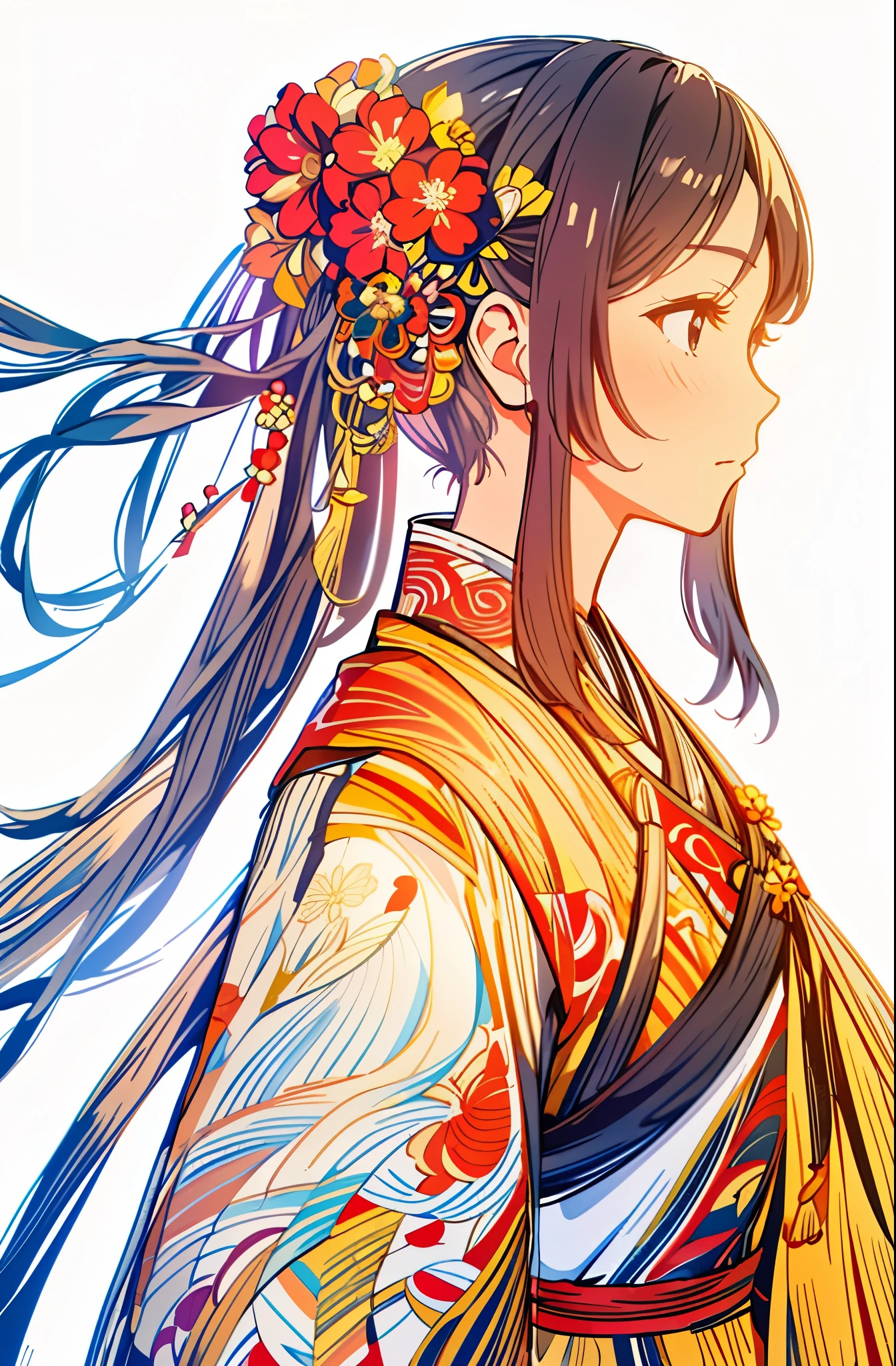 (Masterpiece in maximum 16K resolution:1.2),(best quality:1.0), (ultra highres:1.0). | beautiful line art, clean lineart, perfect lineart, lineart behance hd, extremely fine ink lineart, hyper detailed line art, exquisite line art, intricate lineart, detailed line art, lineart, bold lineart, detailed manga style, extremely detailed linework, line - art. | a drawing of a woman,Shining Black hair,(Colorful_Flower_Painted_Kimono:1.3) , (Colorful_Sakura_flower_hair_ornaments:1.3),Black eyes,White background.