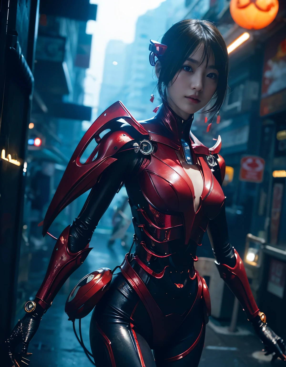 (Skimpy mechanical girl and alien background)、（Mystical expression）、top-quality、​masterpiece、超A high resolution、(Photorealsitic:1.4)、Raw photo、女の子1人、glowy skin、(((1 Mechanical Girl)))、（red metalボディスーツ）、(Natural alien background to fight aliens)、(Small LED)、((super realistic details))、vertical giant monster background),globalillumination、Shadow、octan render、8K、ultrasharp、机器人の背景、Colossal tits、Raw skin exposed in the cleavage、red metal、Details of complex ornaments、Japan details、highly intricate detail、Realistic light、(Mystical expression),CG Society Trenlow Eyes、Eyes shining towards the camera、Mechanical marginal blood vessels connected to neon detail tubes)、(Wires and cables connecting to the head)、Small LED、,Mechanical thighs、Toostock、（Hands are also made of machines）、机器人、future alien、Please wear a mechanical helmet、