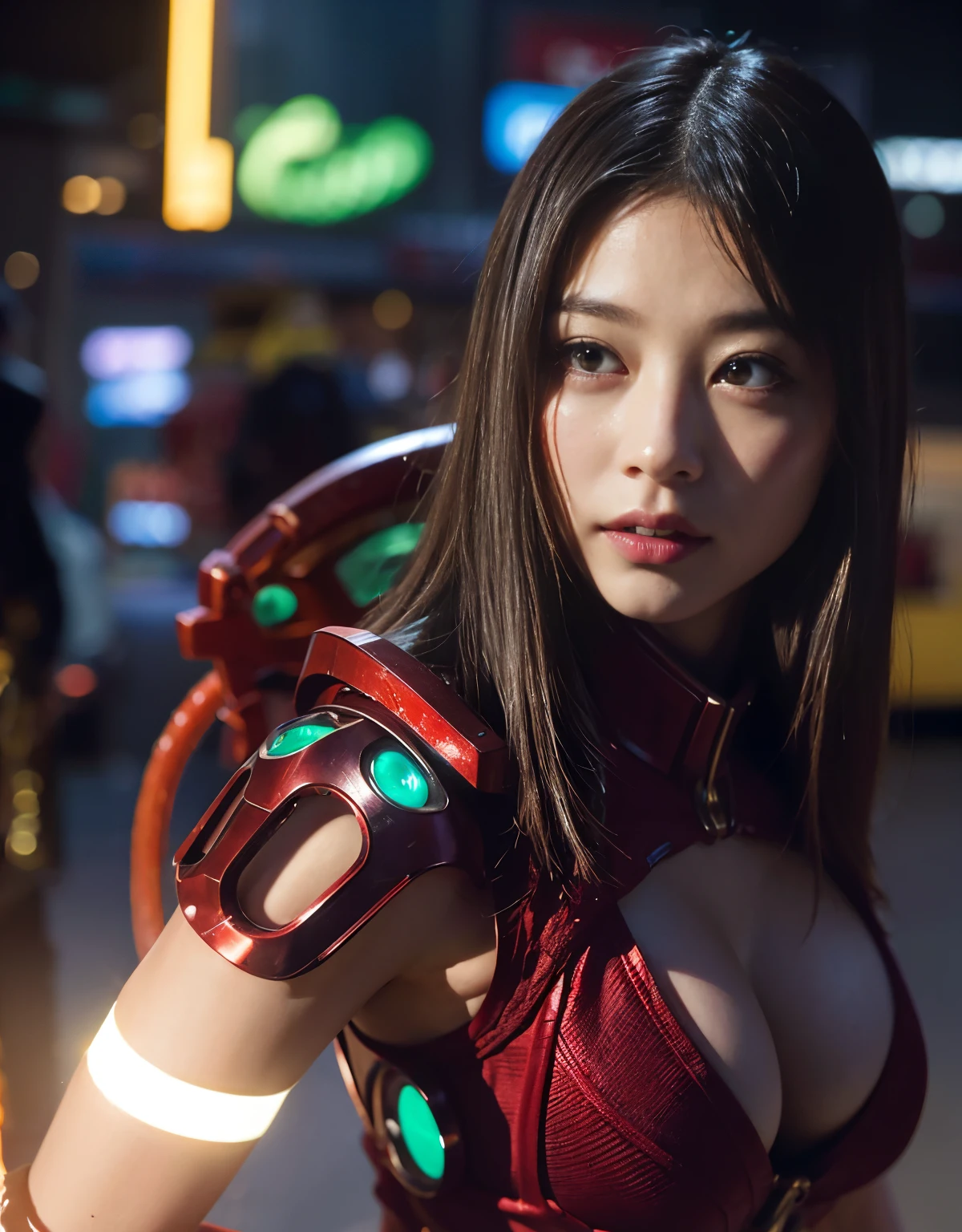 (Skimpy mechanical girl and alien background)、(Mystical expression)、top-quality、masterpiece、超A high resolution、(Photorealsitic:1.4)、Raw photo、1人、glowy skin、(((1 Mechanical Girl)))、(red metalボディスーツ)、(Natural alien background to fight aliens)、(Small LED)、((super realistic details))、vertical giant monster background),globalillumination、Shadow、octan render、8K、ultrasharp、机器人の背景、Colossal tits、Raw skin exposed in the cleavage、red metal、Details of complex ornaments、Japan details、highly intricate detail、Realistic light、(Mystical expression),CG Society Trenlow Eyes、Eyes shining towards the camera、Mechanical marginal blood vessels connected to neon detail tubes)、(Wires and cables connecting to the head)、Small LED、,Mechanical thighs、Toostock、(Hands are also made of machines)、机器人、future alien、Please wear a mechanical helmet、