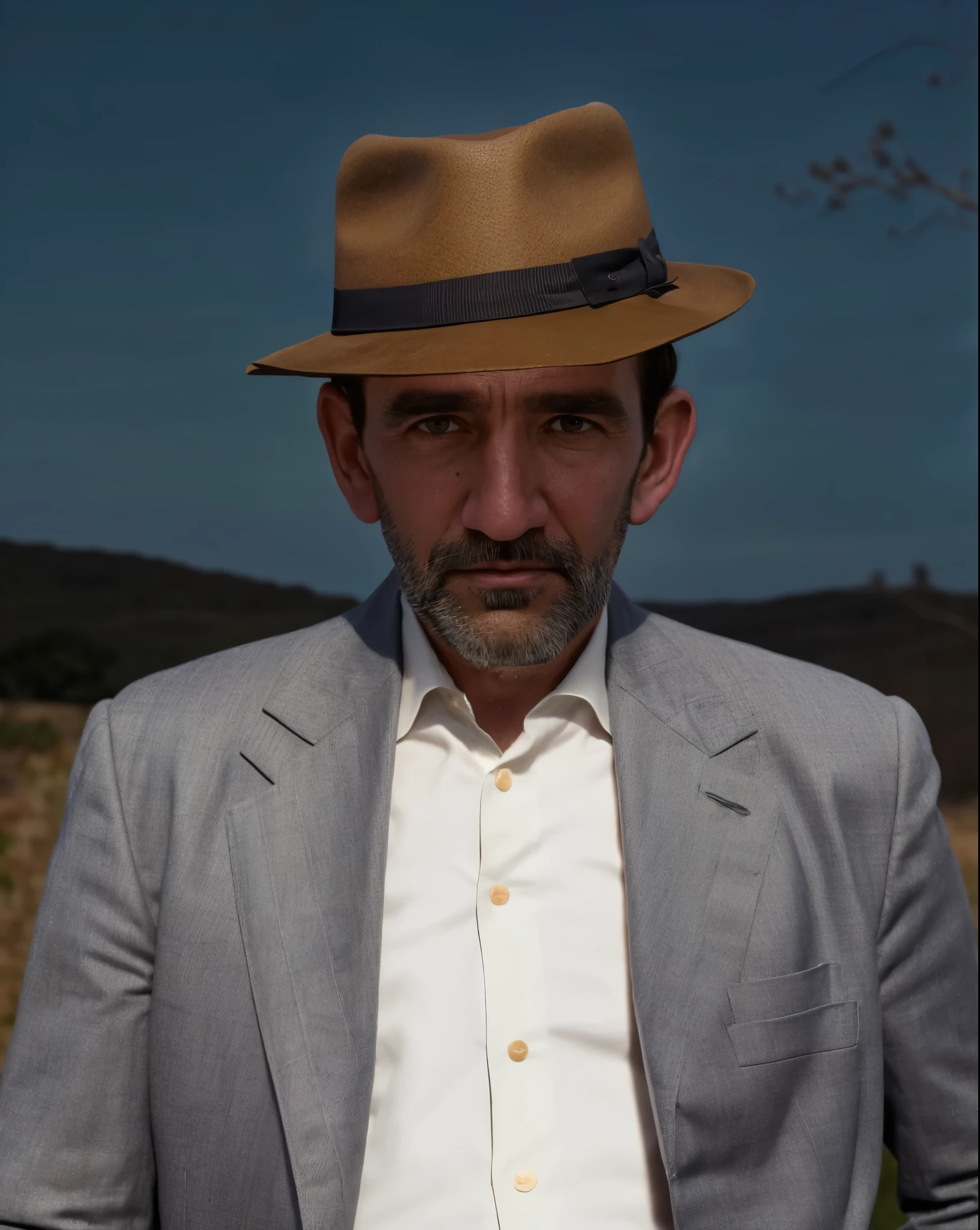 there is a man with a hat and a suit jacket, inspired by Oscar Rodríguez Naranjo, inspired by Hugo Simberg, inspired by Óscar Domínguez, inspired by Gianfredo Camesi, inspired by Carlos Saenz de Tejada, inspired by Antônio Parreiras, color portrait, a colorized photo