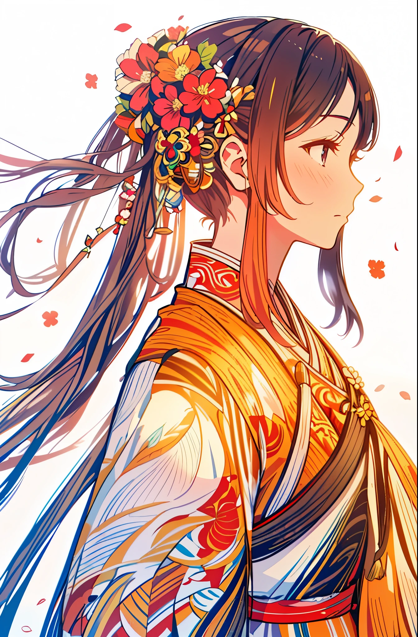 (Masterpiece in maximum 16K resolution:1.2),(best quality:1.0), (ultra highres:1.0). | beautiful line art, clean lineart, perfect lineart, lineart behance hd, extremely fine ink lineart, hyper detailed line art, exquisite line art, intricate lineart, detailed line art, lineart, bold lineart, detailed manga style, extremely detailed linework, line - art. | a drawing of a woman,Shining Black hair,(Colorful_Flower_Painted_Kimono:1.3) , (Colorful_Sakura_flower_hair_ornaments:1.3),Black eyes,White background.