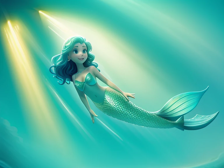 A mermaid dancing gracefully in the depths of the ocean, whale tail, fish around her, blonde hair, clear blue ocean, detailed, 8k digital painting.
​