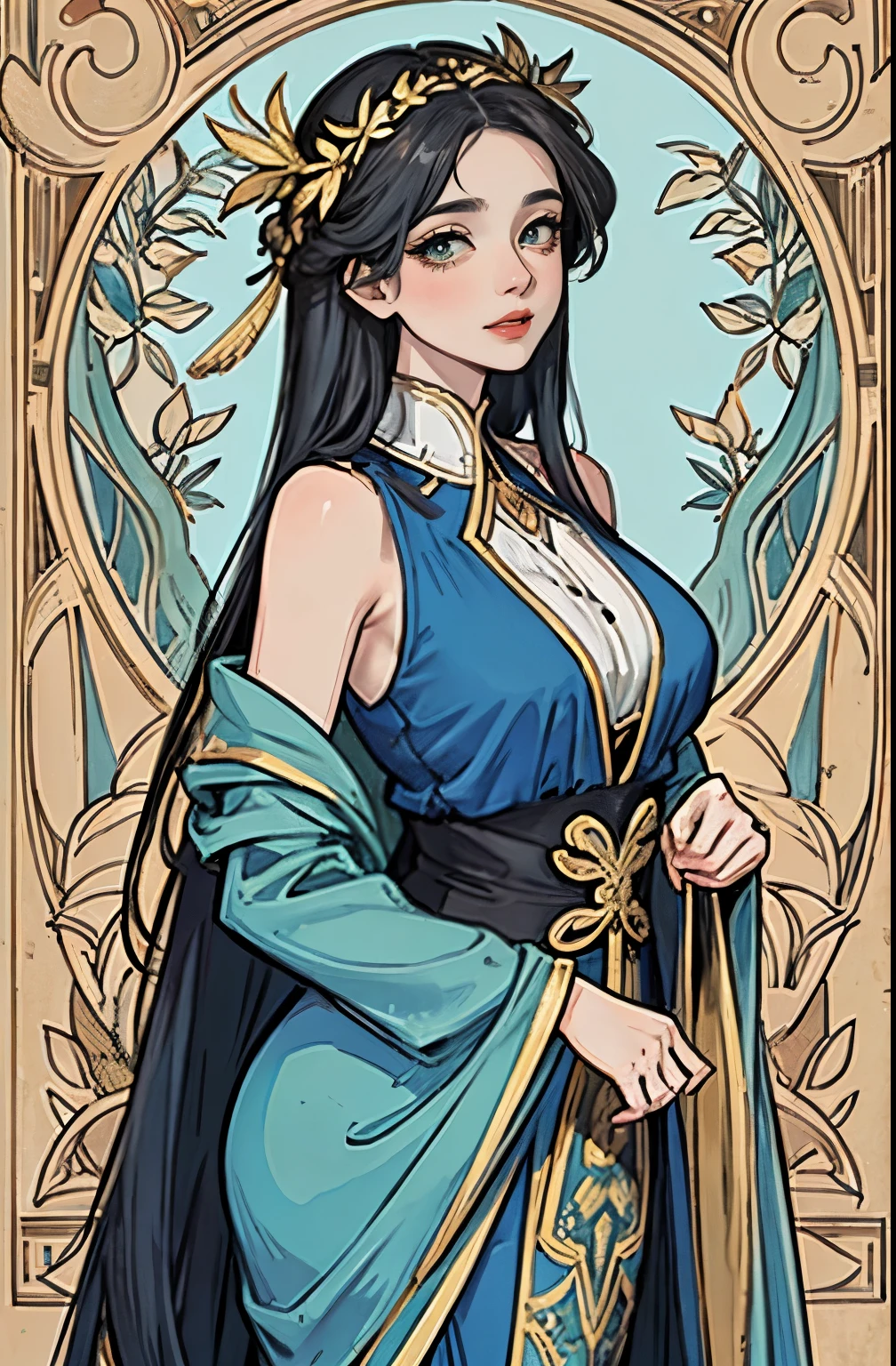 ((masterpiece)), (best quality), (cinematic), A mature sexy woman with large breasts, big eyes, long thick eyelashes, pale skin, full lips, green eyes, long thick fair hair,  is dressed sexy in a dark blue and gold dress. A small blue bird with long tail feathers sits on the shoulder of the woman. A bare tree branch extends from behind the figure, its leaves appearing to be falling or wilting. The entire scene is adorned by a beautifully decorated oval frame, featuring intricate designs and patterns in the style of Alphonse Mucha.