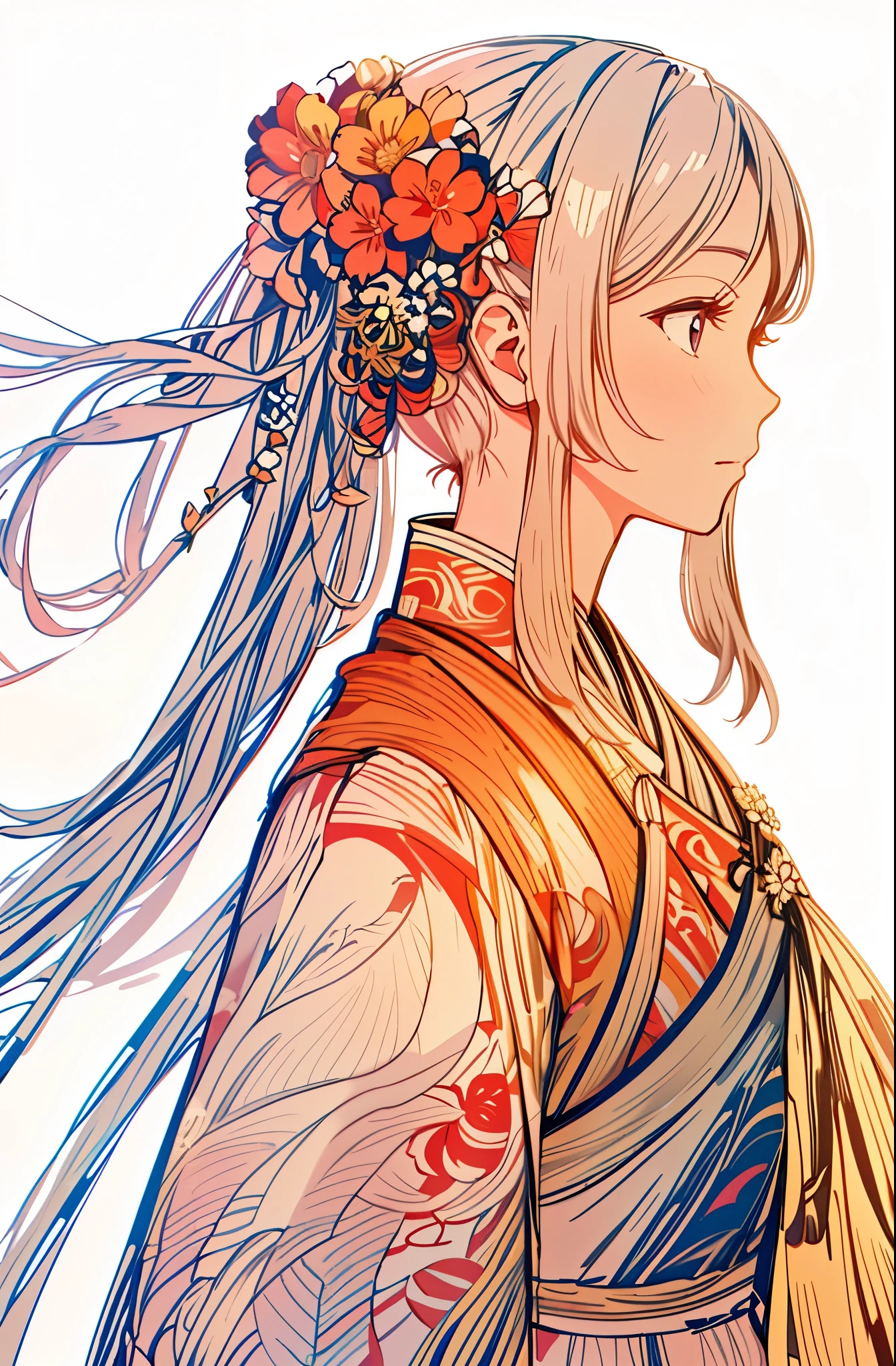 (Masterpiece in maximum 16K resolution:1.2),(best quality:1.0), (ultra highres:1.0). | beautiful line art, clean lineart, perfect lineart, lineart behance hd, extremely fine ink lineart, hyper detailed line art, exquisite line art, intricate lineart, detailed line art, lineart, bold lineart, detailed manga style, extremely detailed linework, line - art. | a drawing of a woman,Shining Black hair,(Colorful_Flower_Painted_Kimono:1.3) , (Colorful_Sakura_flower_hair_ornaments:1.3),Black eyes,White background.