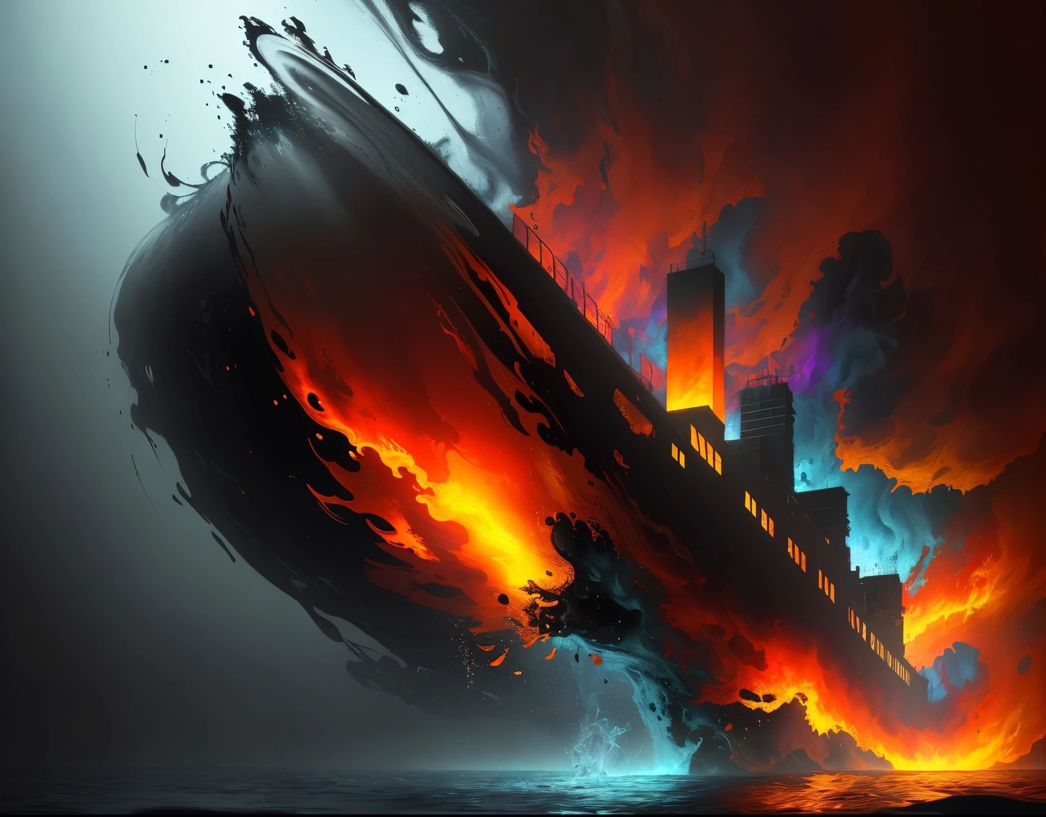 (best quality,4k,8k,highres,masterpiece:1.2),Fiery sinking,abstract flames,surrealistic,conceptual,underwater,paint merging,fluid dynamics,powerful,ethereal,transformation,mesmerizing,mysterious,sublime,creative,captivating,emotional,chaotic,mesmerizing,otherworldly,brilliant colors,glowing,shimmering,fiery red,orange,yellow,deep blue,dark,contrast,light and shadow,sparkling water,dramatic lighting,depth,texture,swirling,smoke,reflections,intense,hypnotizing.