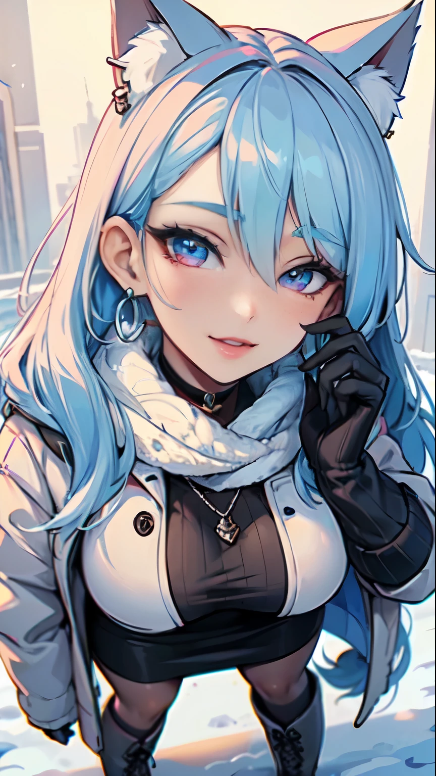 Masterpiece, raw,  beautiful art, professional artist, 8k, art style by sciamano240, very detailed face, very detailed hair, 1 woman, perfectly drawn body, beautiful face, long hair, light blue hair , very detailed blue eyes , rosey cheeks, intricate details in eyes, playful smile, looking directly at viewer , in love with viewer expression, lipstick, wearing cute winter clothes, winter coat, gloves, sweater, scarf,  short pencil skirt, thigh boots, sunny winter day, walking, pov with viewer, very close up on face, 