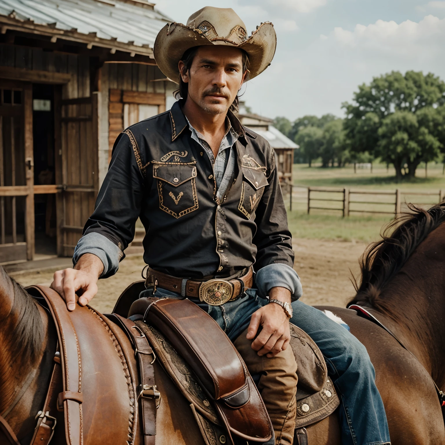 Buckaroo style cowboy on horse. Realistic photo
