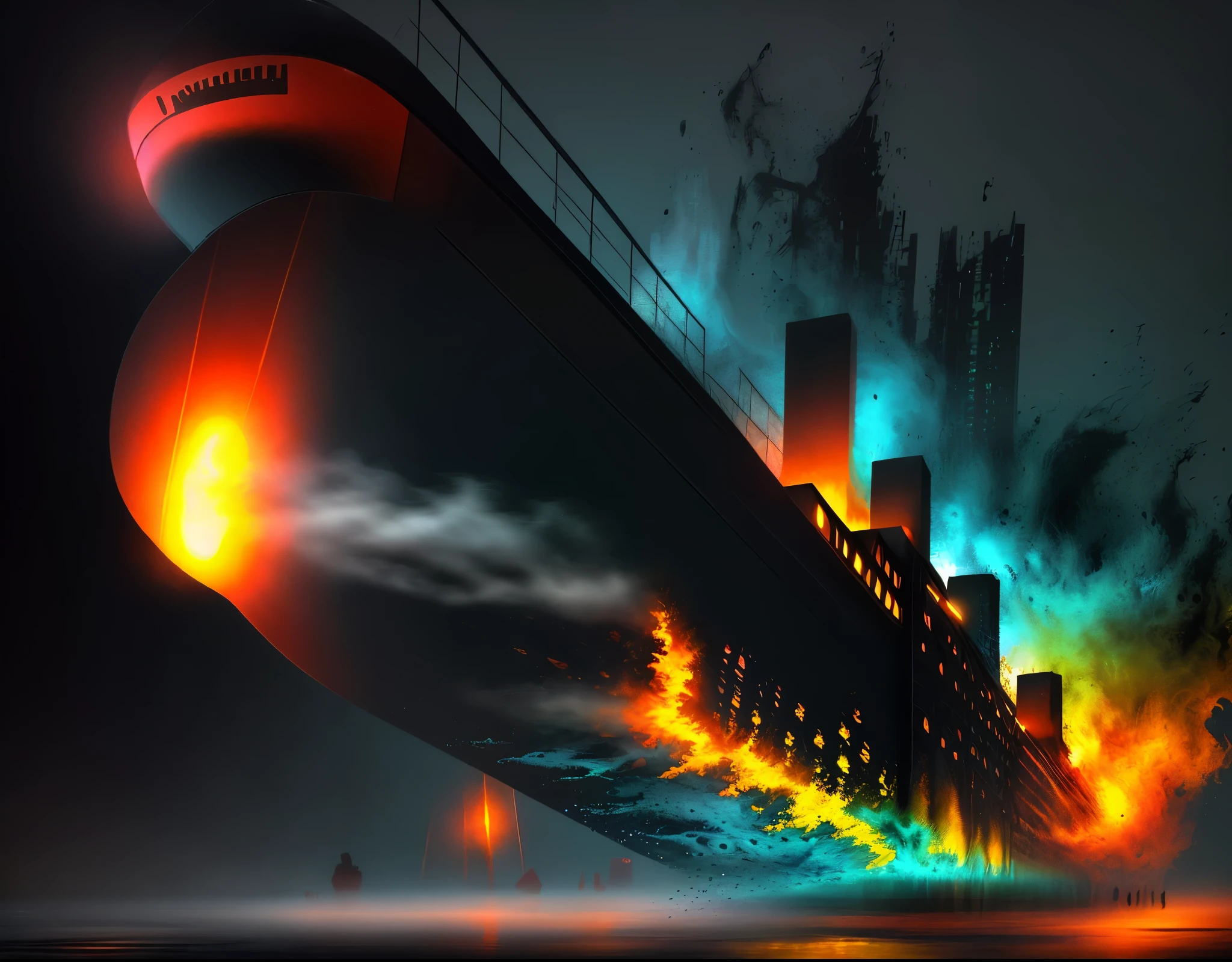 (best quality,4k,8k,highres,masterpiece:1.2),Fiery sinking,abstract flames,surrealistic,conceptual,underwater,paint merging,fluid dynamics,powerful,ethereal,transformation,mesmerizing,mysterious,sublime,creative,captivating,emotional,chaotic,mesmerizing,otherworldly,brilliant colors,glowing,shimmering,fiery red,orange,yellow,deep blue,dark,contrast,light and shadow,sparkling water,dramatic lighting,depth,texture,swirling,smoke,reflections,intense,hypnotizing.
