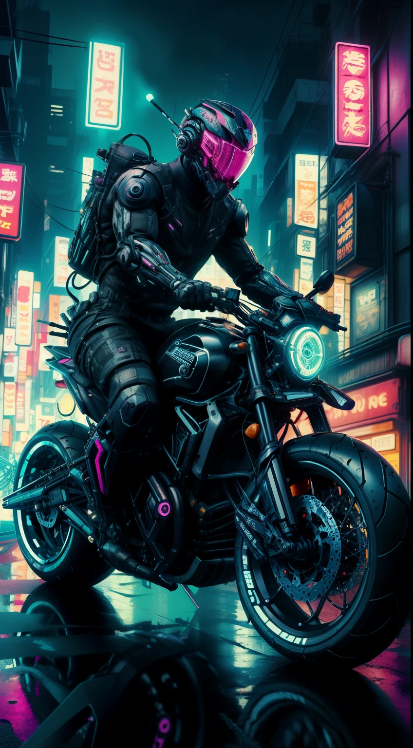 CyberpunkWorld scrambler motorbike, colorful, cyberpunk style, neon lights, dark mood, high contrast, (Masterpiece:1.3) (best quality:1.2) (high quality:1.1)