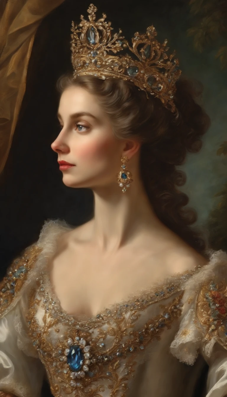 ((Baroque art painting)),(master piece),(best quality),(Super Detail),(very delicate and beautiful),alone,((full body, Standing Posture)),Standing in the Royal Palace, ((1 queen in a beautiful rococo dress，Wear it with a full-length voluminous hoop skirt)),(Crinoline),Beautiful embroidery,((beautiful gemstone jewelry)),detailed face and eyes,jewel eyes ,((Lots of straight hair,Extremely long soft hair)),((Huge ceiling,Long milk,Skin receding)),Beautiful embroidery,cleavage,Extremely beautiful hair accessory,Extremely beautiful gemstone tiara with shiny gold), beautiful corsage,(dynamic angle),View viewer,((full bodyesbian))