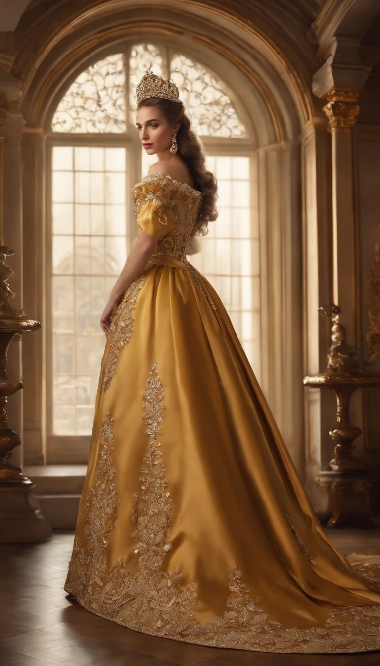 ((Baroque art painting)),(master piece),(best quality),(Super Detail),(very delicate and beautiful),alone,((full body, Standing Posture)),Standing in the Royal Palace, ((1 queen in a beautiful rococo dress，Wear it with a full-length voluminous hoop skirt)),(Crinoline),Beautiful embroidery,((beautiful gemstone jewelry)),detailed face and eyes,jewel eyes ,((Lots of straight hair,Extremely long soft hair)),((Huge ceiling,Long milk,Skin receding)),Beautiful embroidery,cleavage,Extremely beautiful hair accessory,Extremely beautiful gemstone tiara with shiny gold), beautiful corsage,(dynamic angle),View viewer,((full bodyesbian))