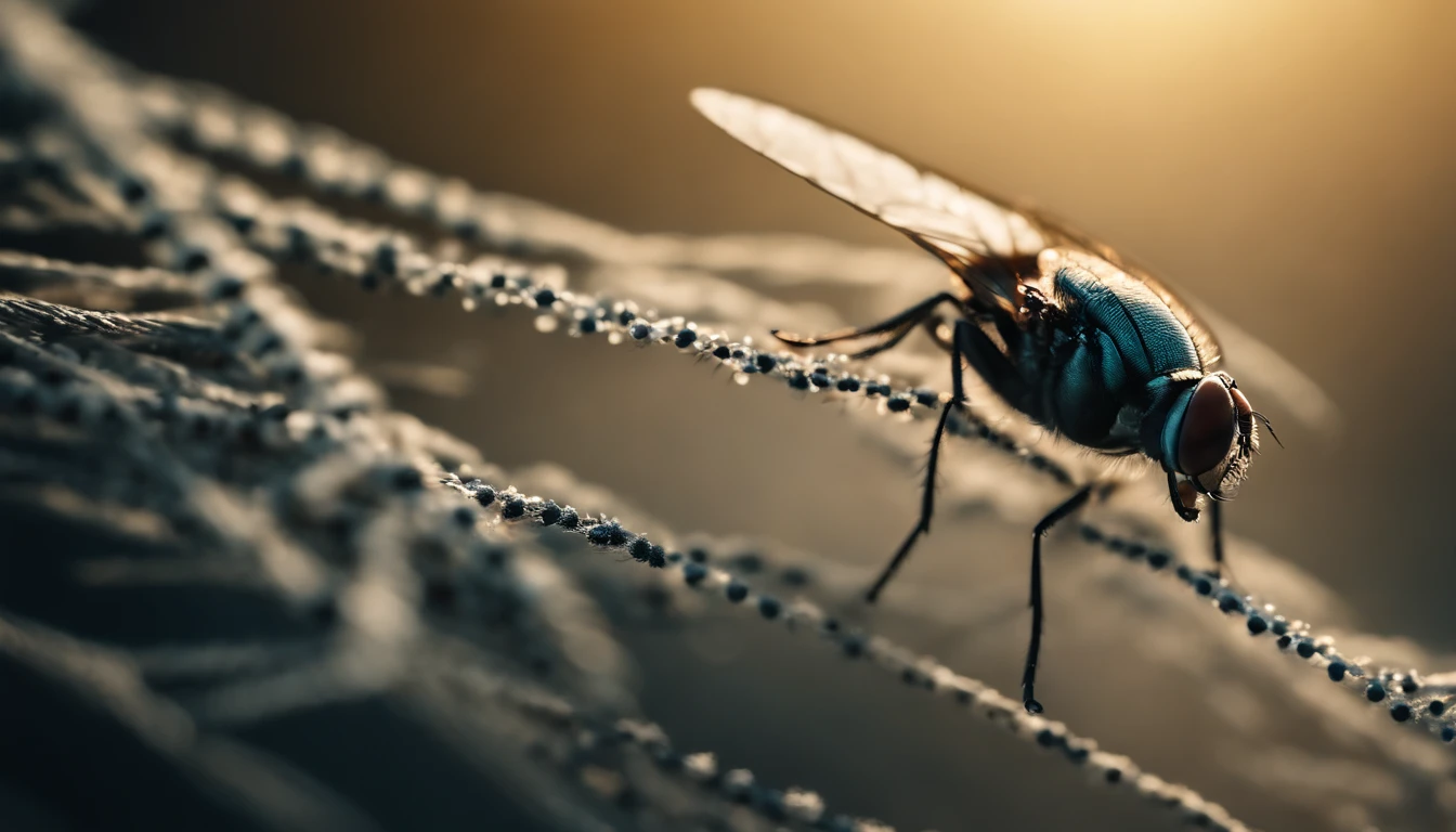 a macro shot of a fly flying through a network of dots and lines, highlighting the detailed patterns and shapes created by the geometric abstraction
