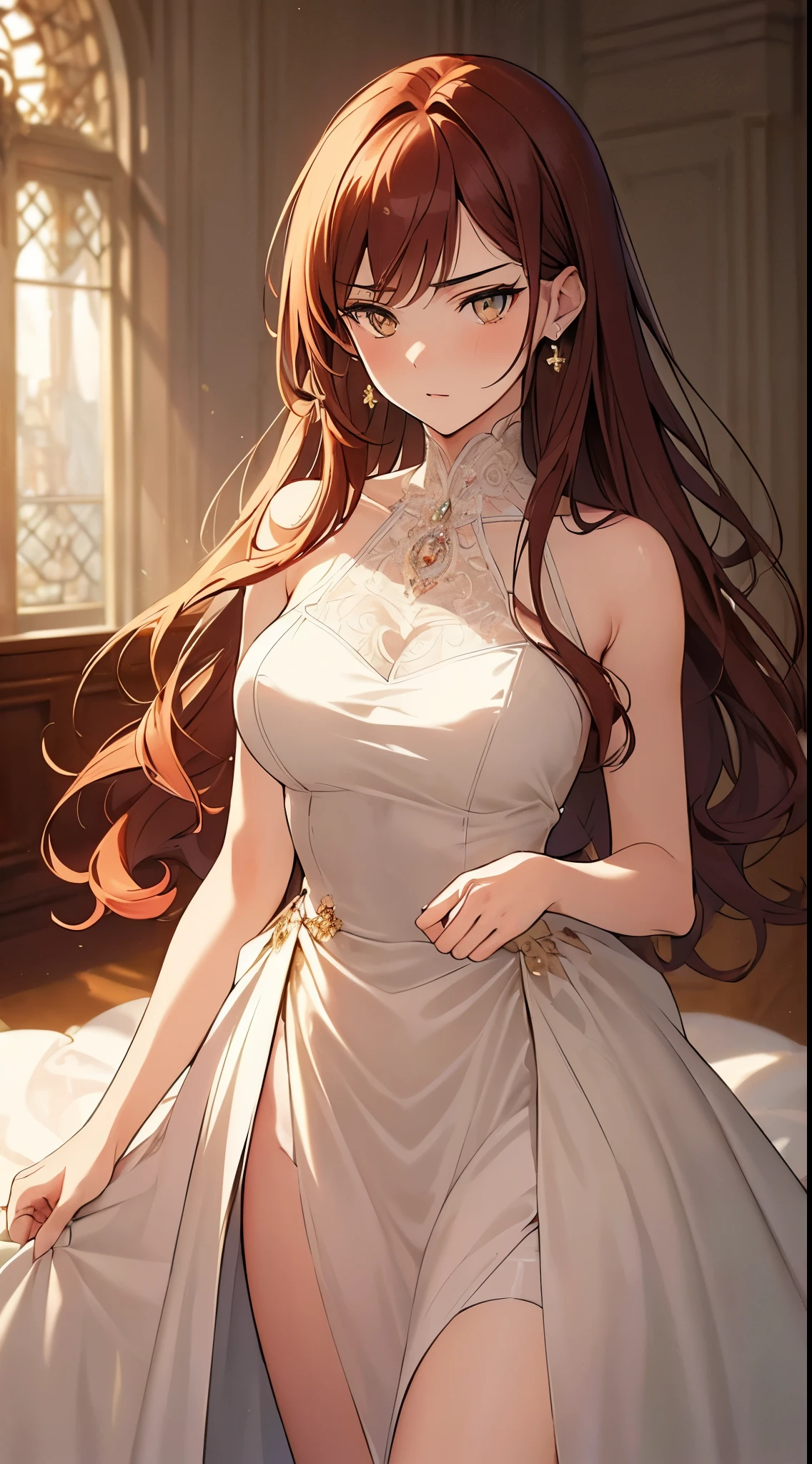 (((soft skin, beautiful, masterpiece, ultra-detailed))) Auburn hair, amber eyes, princess, royalty, long hair, slender body, dynamic angle, serious expression, ball room, elegant, dignified, masterpiece, pretty dress