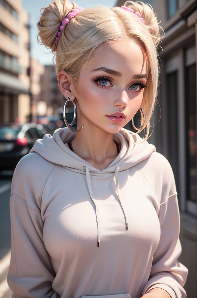 Photorealistic,Photo of a girl, blonde double buns hair style, light bold eyeshadows, huge silver hoop earrings, outdoor, deeply tanned, pale pink lips, full make up, hoodie