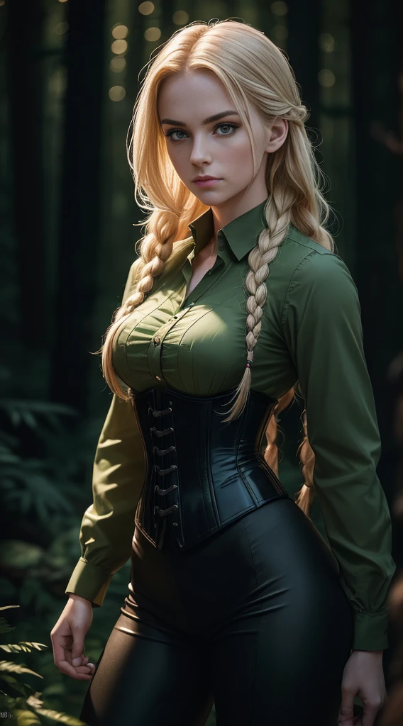 (A beautiful 25 years old British Female Mercenary:1.4), (Single-Braided Blonde Hair), (Pale Skin), (Athletic Body Builds:1.2), (Serious Face), (Wearing Green Shirt, Black Corset, and Black Tight Long Pants), (Dimly Lit Forest at Night:1.4), (Sexy Pose:1.2), Intricate Face Detail, Intricate Hand Details, Chiaroscuro Lighting, Photorealistic Production, Cinematic Shot and Lighting, Realistic Colors, Masterpiece, Sharp Focus, Ultra Detailed, Ultrarealistic Photography, Canon EF F/1.2L 100mm Lens, Depth of Field, Incredibly Realistic Environment and Scene, Master Composition and Cinematography