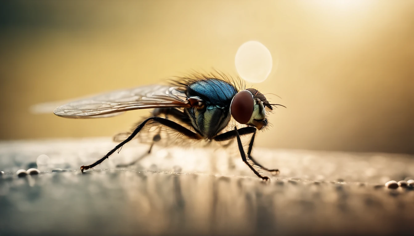 a creative shot of a fly positioned at the center of a triangular network, with dots and lines extending outwards, representing the fly’s flight in a geometric abstraction.