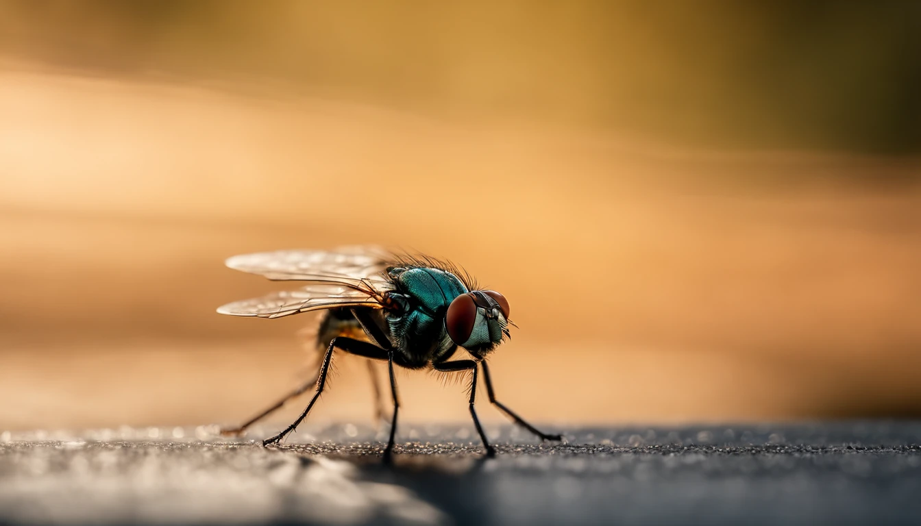 a creative shot of a fly positioned at the center of a triangular network, with dots and lines extending outwards, representing the fly’s flight in a geometric abstraction.