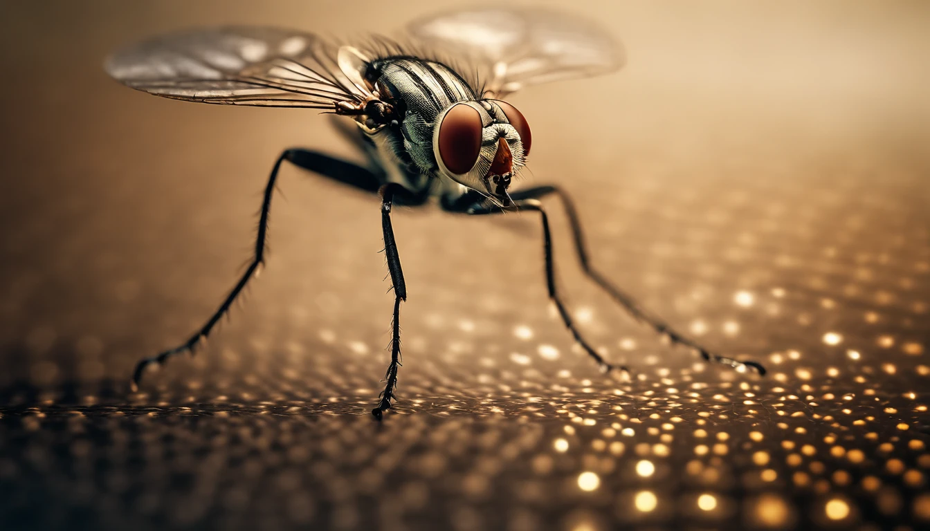 a creative shot of a fly positioned at the center of a triangular network, with dots and lines extending outwards, representing the fly’s flight in a geometric abstraction.