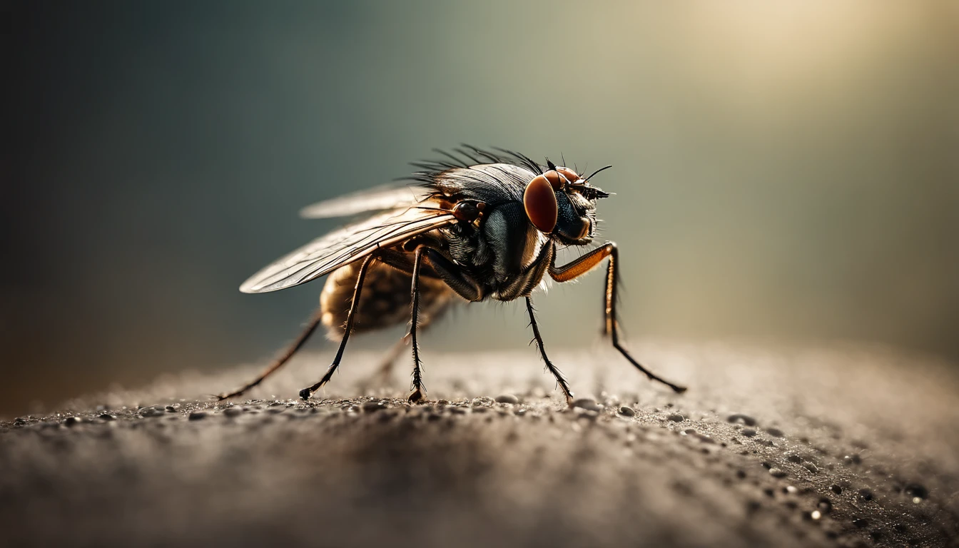 a creative shot of a fly positioned at the center of a triangular network, with dots and lines extending outwards, representing the fly’s flight in a geometric abstraction.