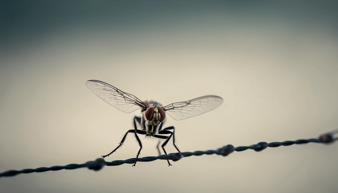 a detail shot of a fly perched on a line within a network of dots, lines, and triangles, showcasing the delicate and precise nature of the geometric abstraction